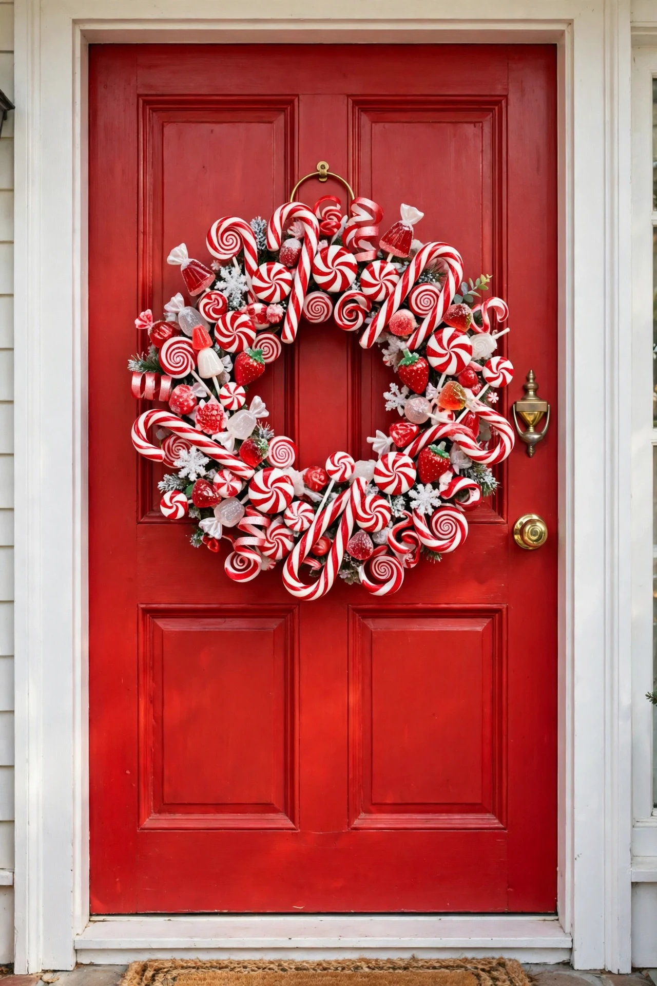 Candy cane Christmas wreath with red and white peppermint ribbon swirls and playful candy ornaments