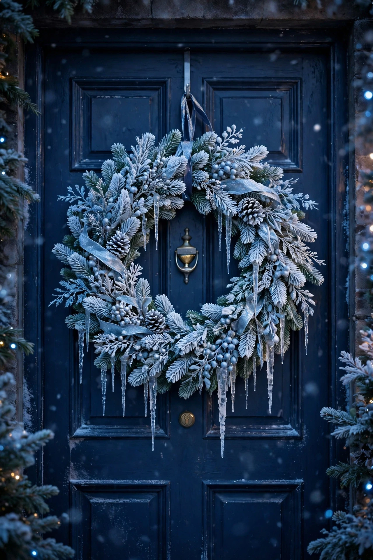 Frosted blue and silver Christmas wreath with icicle ornaments on a navy door at dusk