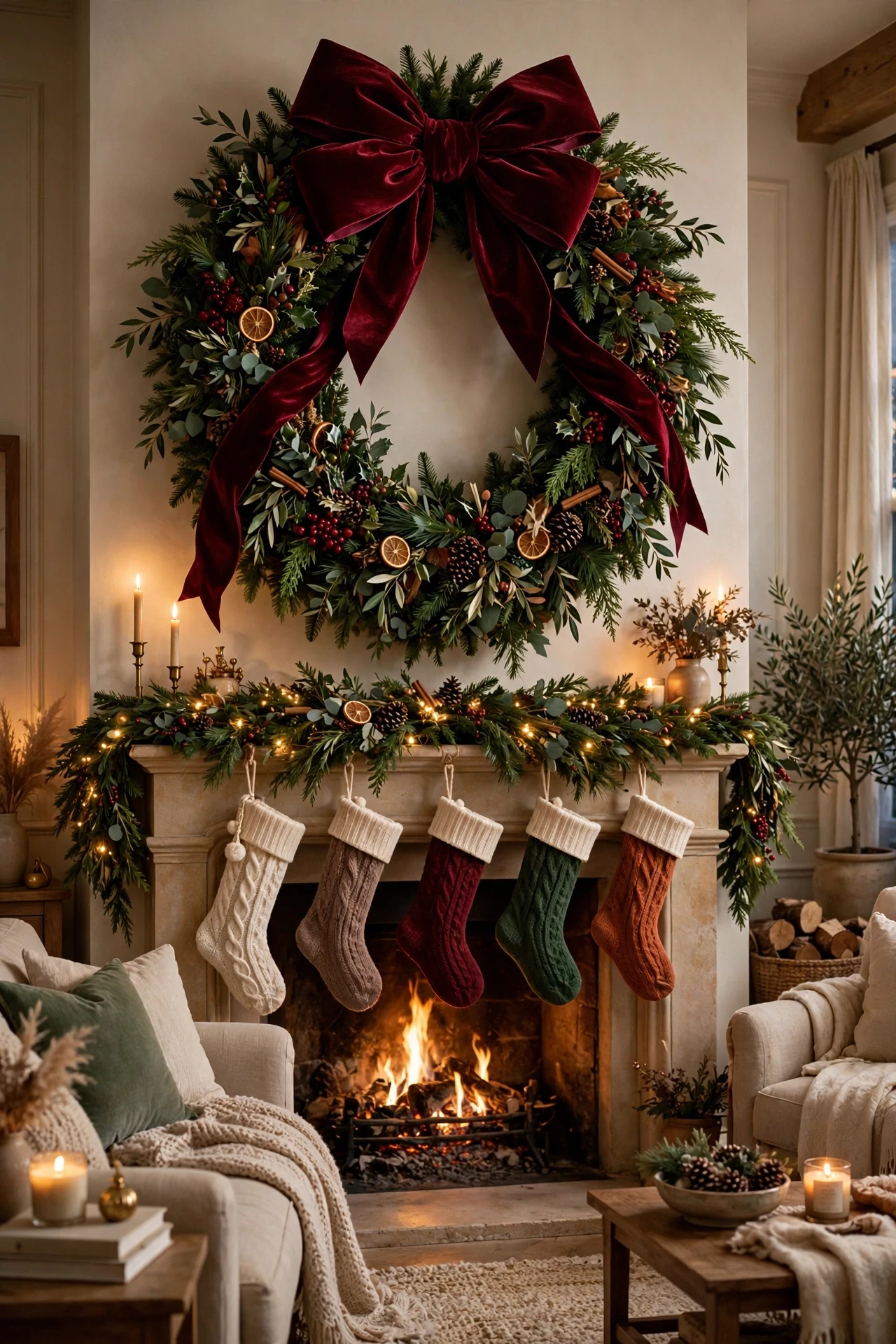 Oversized grand Christmas wreath with a giant burgundy velvet bow hanging above a decorated fireplace mantel