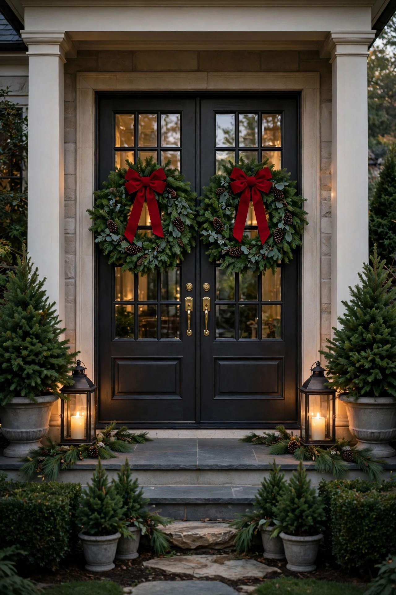 Pair of matching Christmas wreaths on double front doors with lanterns on a symmetrical porch