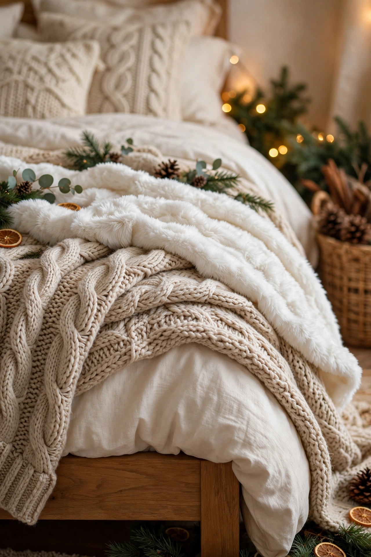 Foot of a Christmas bed layered with a chunky knit throw and a soft white faux-fur blanket over cream bedding