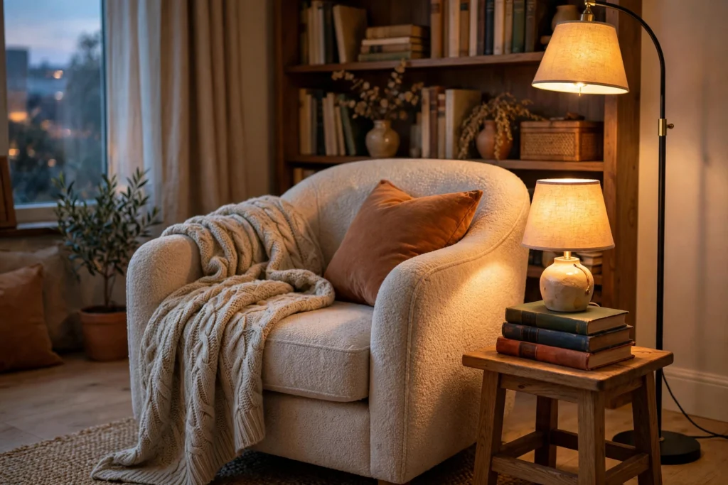 Cozy reading chair corner with warm lamp light, throw blanket, side table, and books — inviting reading retreat