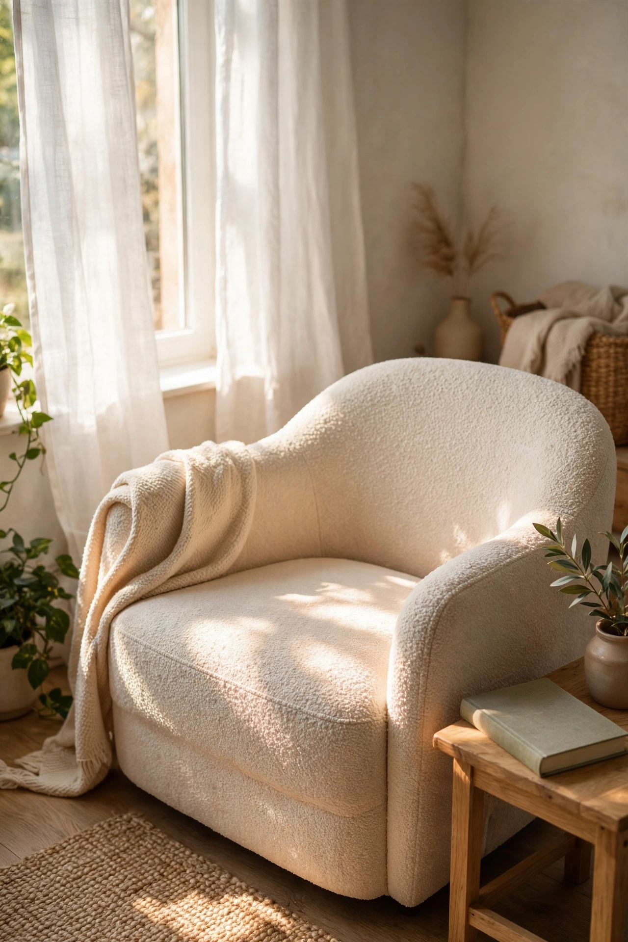 Cozy reading chair angled beside a bright window with sheer curtains, warm daylight on the seat