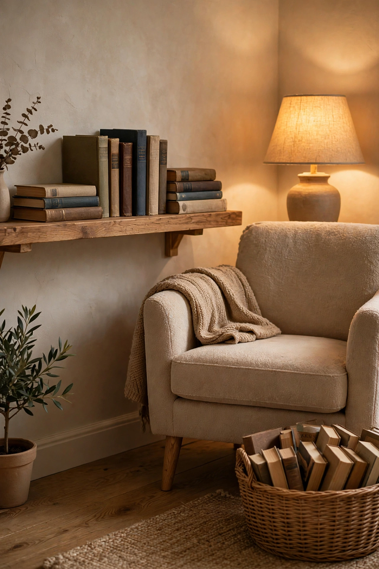 Floating shelf with books and a woven basket of novels beside a cozy reading chair