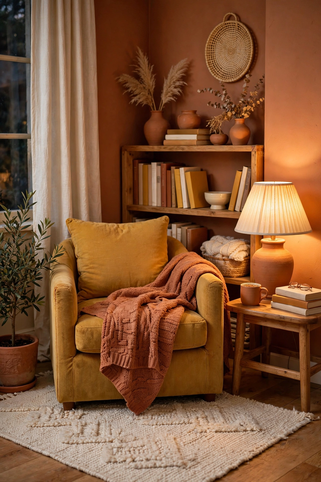 Reading corner in warm terracotta, cream, and mustard tones with soft textiles