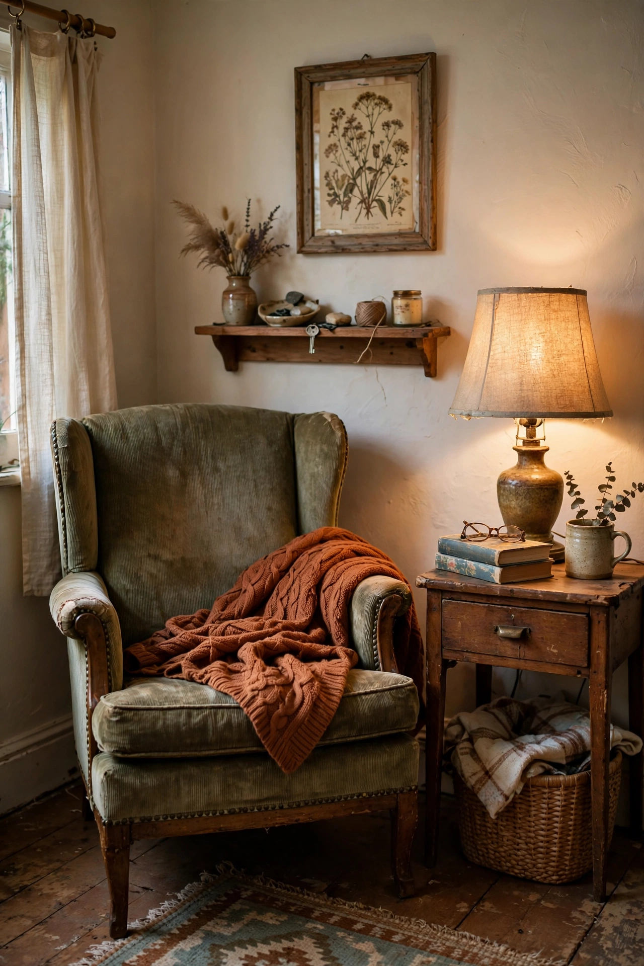 Budget thrifted reading corner with a secondhand armchair, vintage side table, and cozy throw