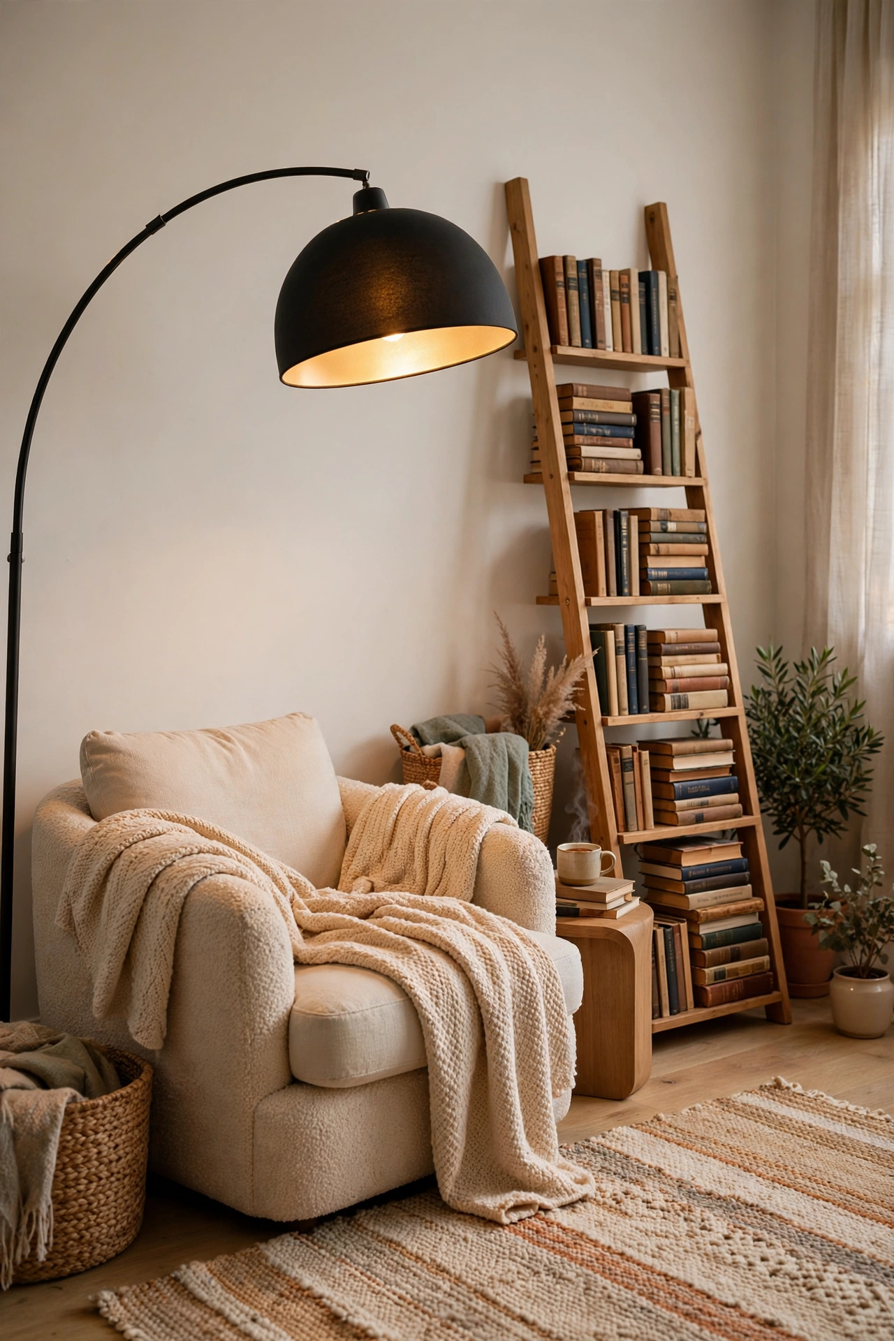 Renter-friendly reading corner with arc floor lamp, leaning bookshelf, and no wall mounting