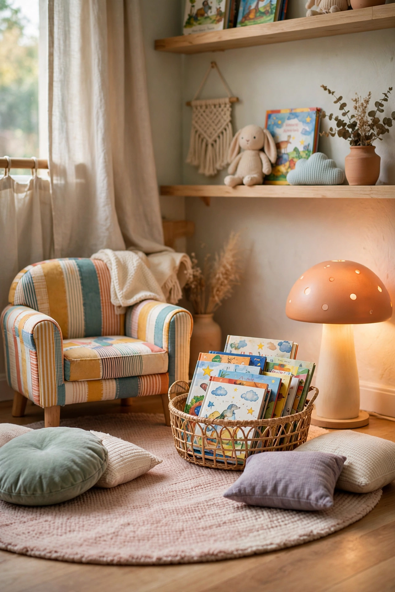 Kids reading corner with a small colorful chair, floor cushions, book basket, and playful lamp