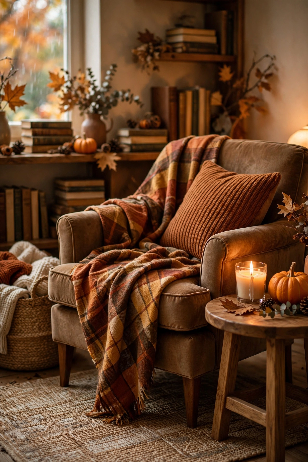 Fall-styled reading corner with plaid throw, glowing candle, and warm autumn tones