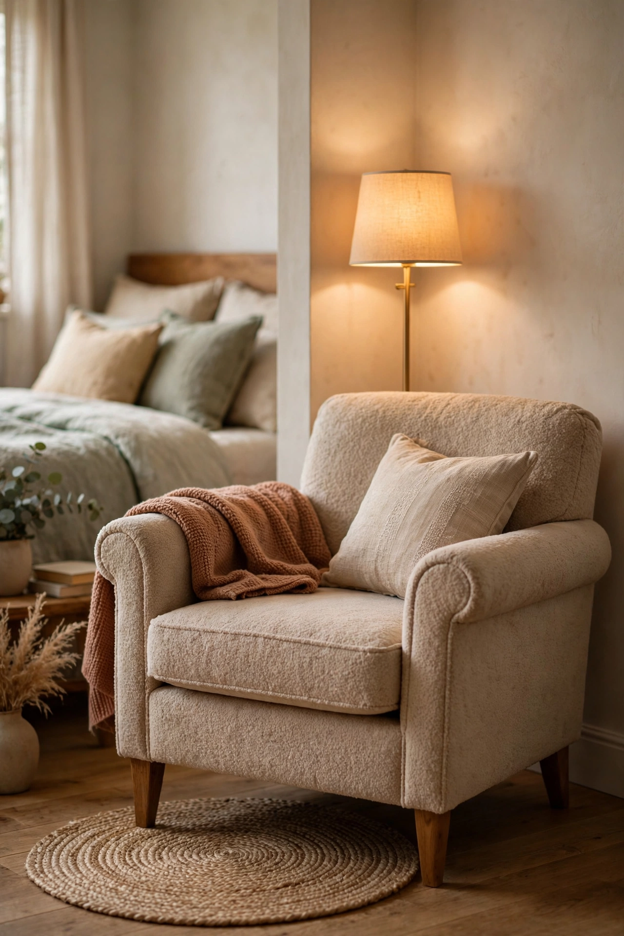 Comfortable reading chair in a quiet bedroom corner with a floor lamp and small rug