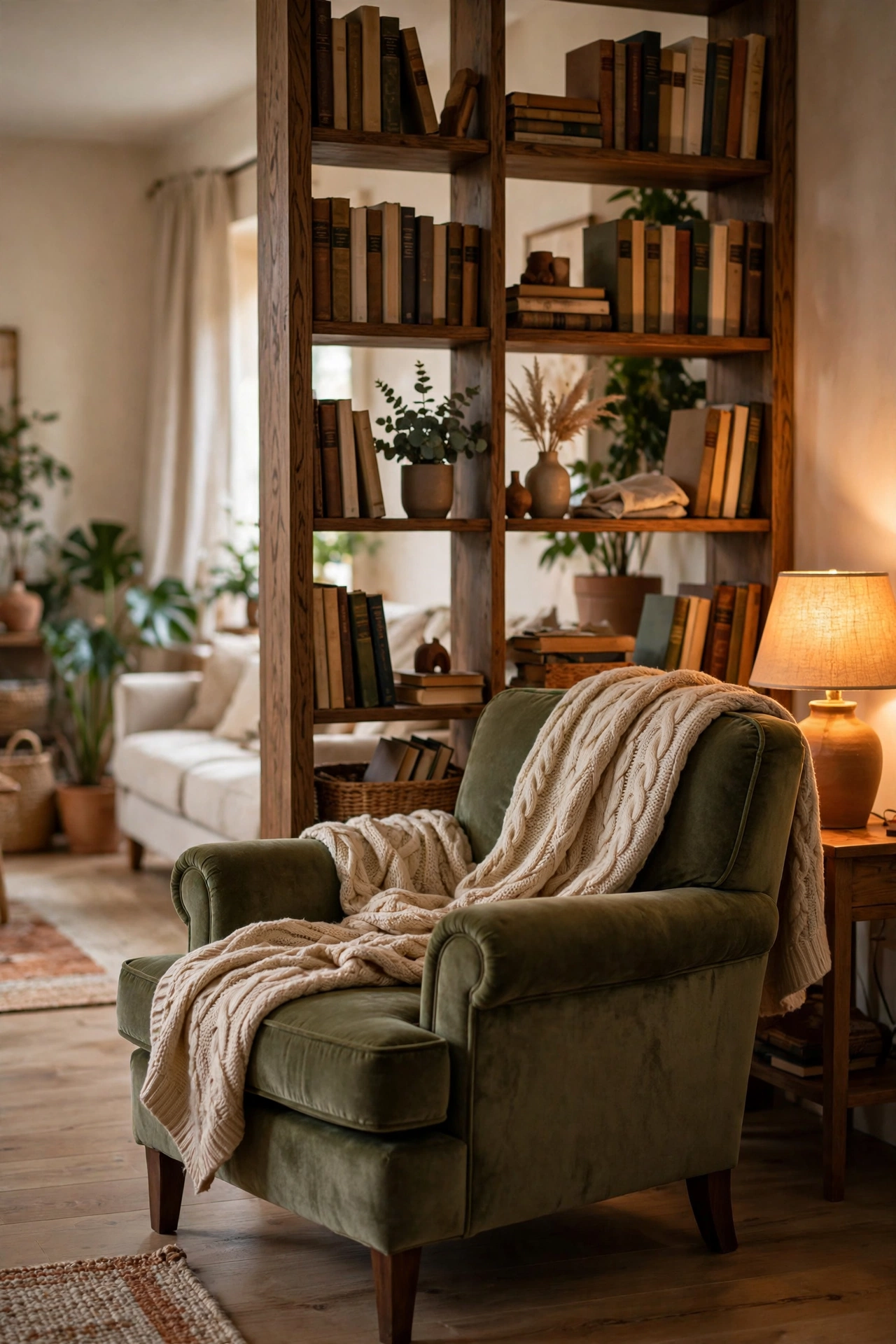 Reading chair corner carved out of a living room with a bookshelf divider and warm lamp