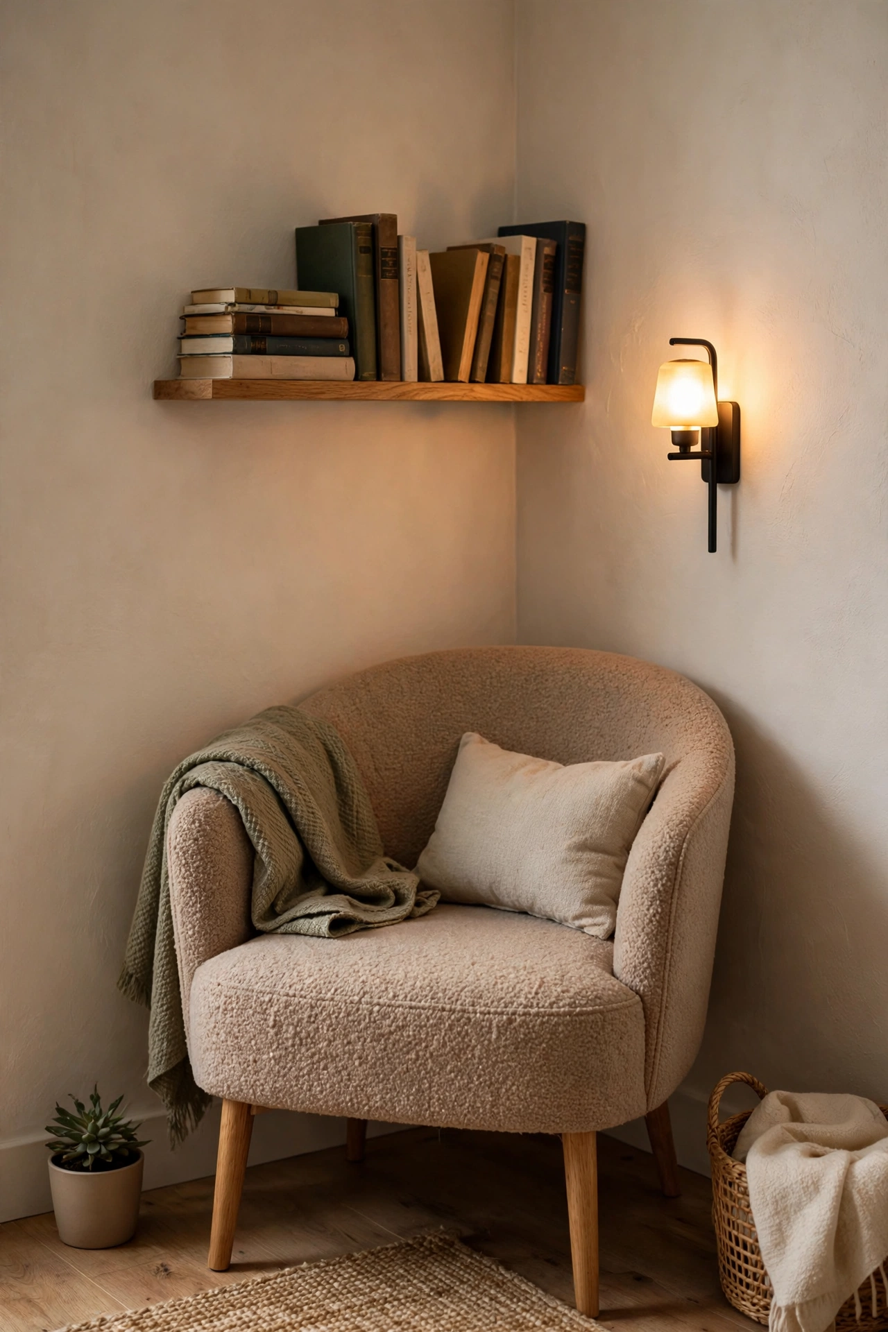 Tiny reading corner in a small room with a slim armchair, wall shelf, and wall sconce