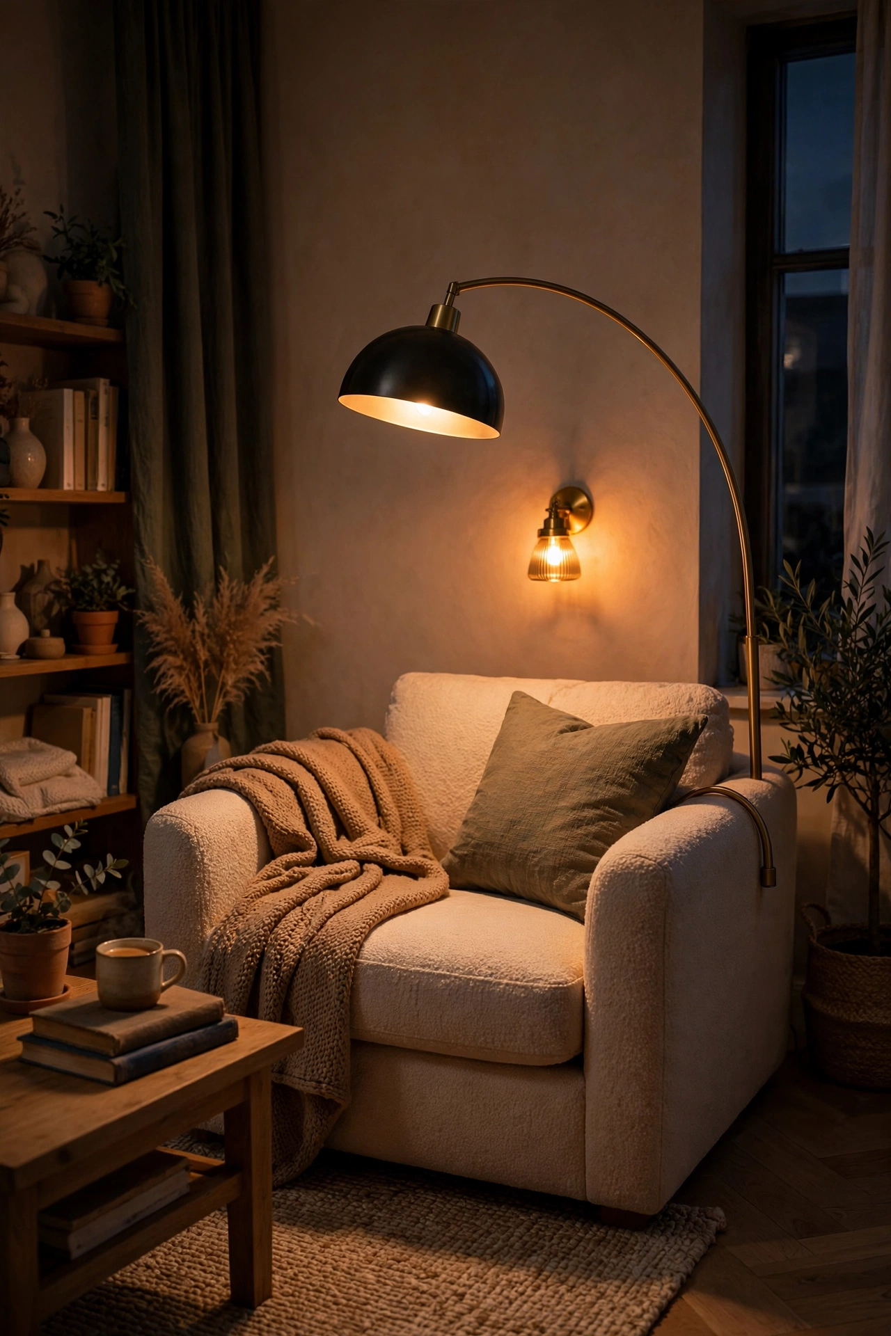 Reading chair corner with an arc floor lamp and glowing wall sconce, warm evening light