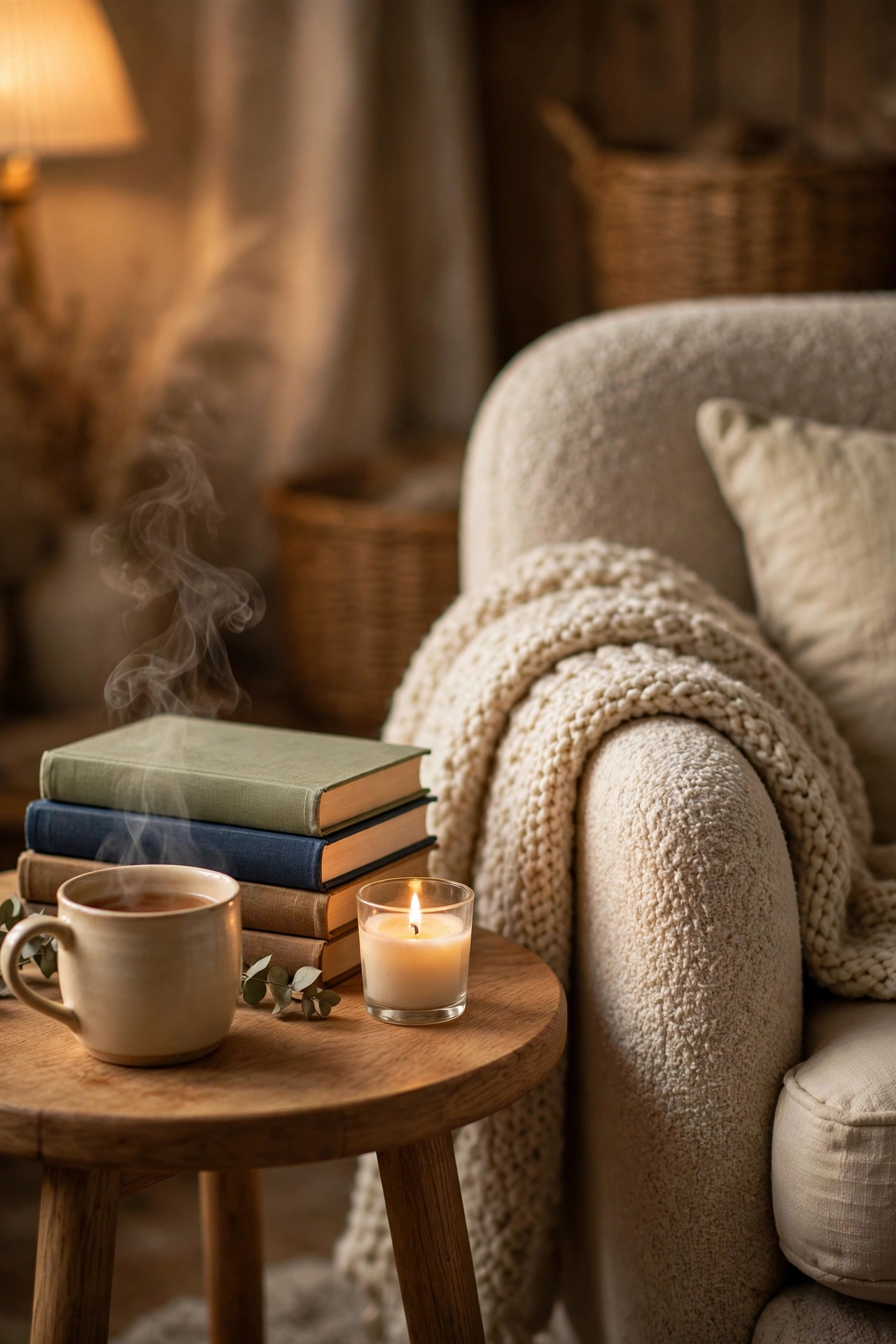 Small round side table beside a reading chair styled with a book stack, candle, and tea mug