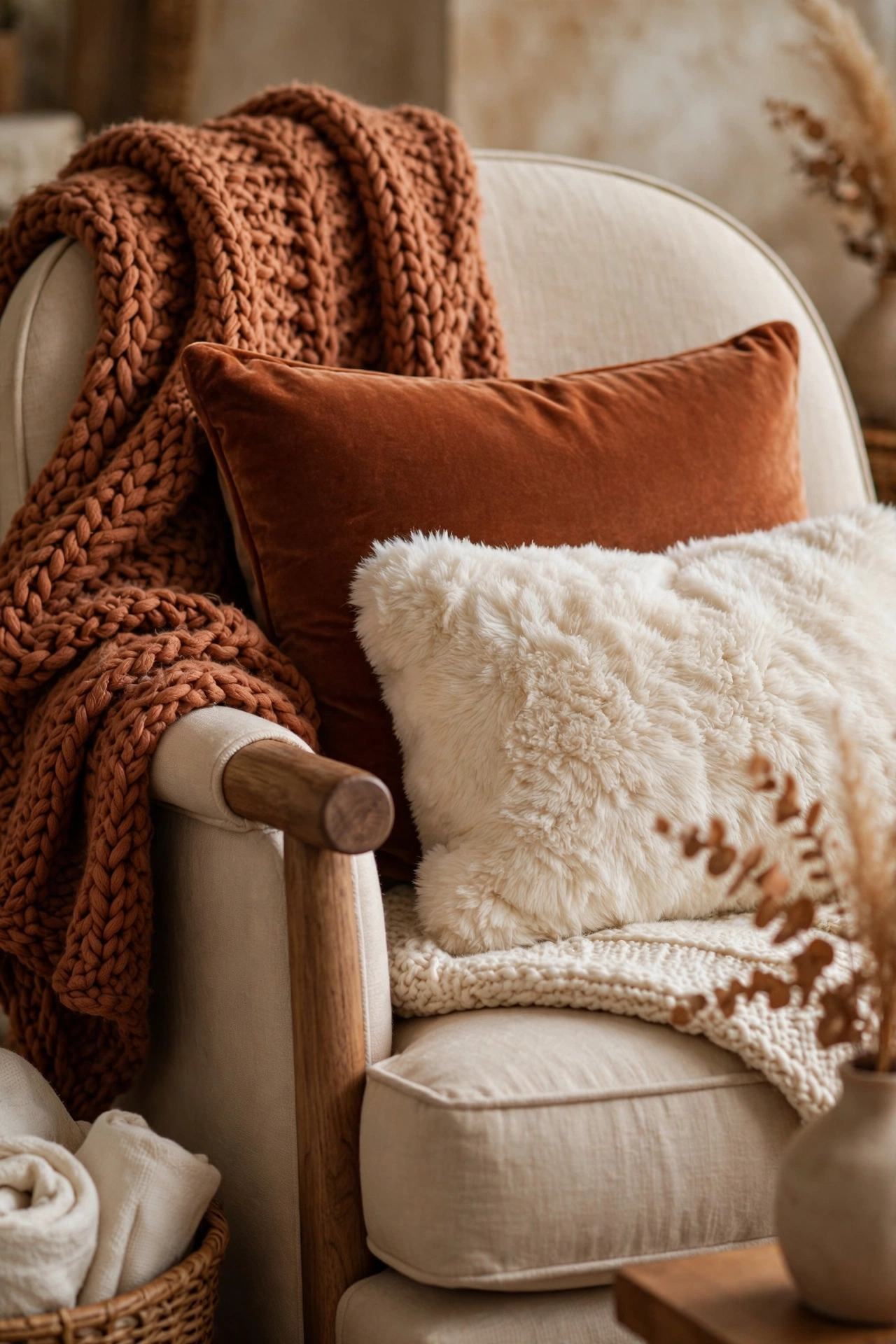 Reading chair layered with a chunky knit throw and textured pillows in warm tones