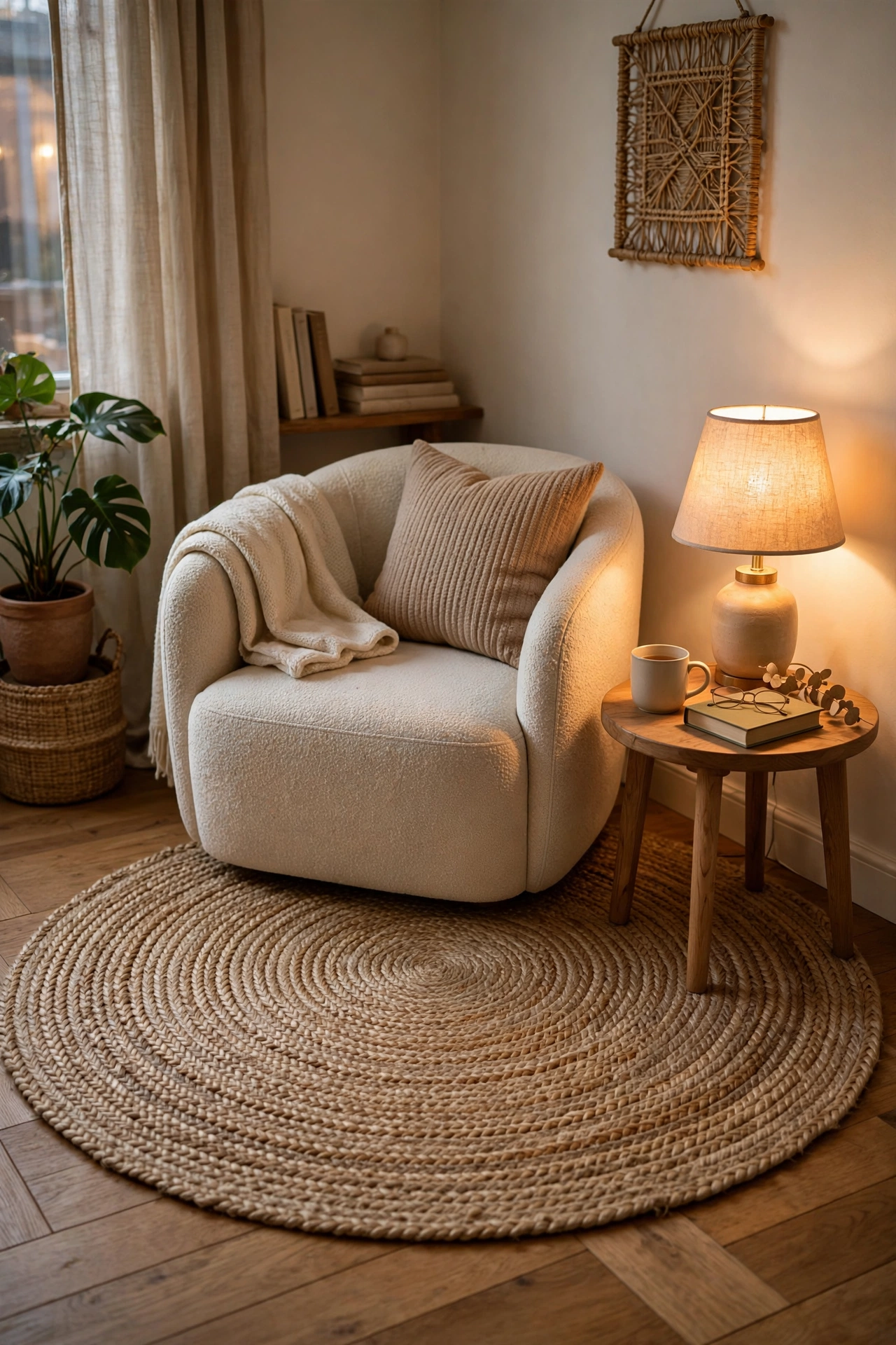 Cozy reading corner anchored by a round textured rug under the chair and side table