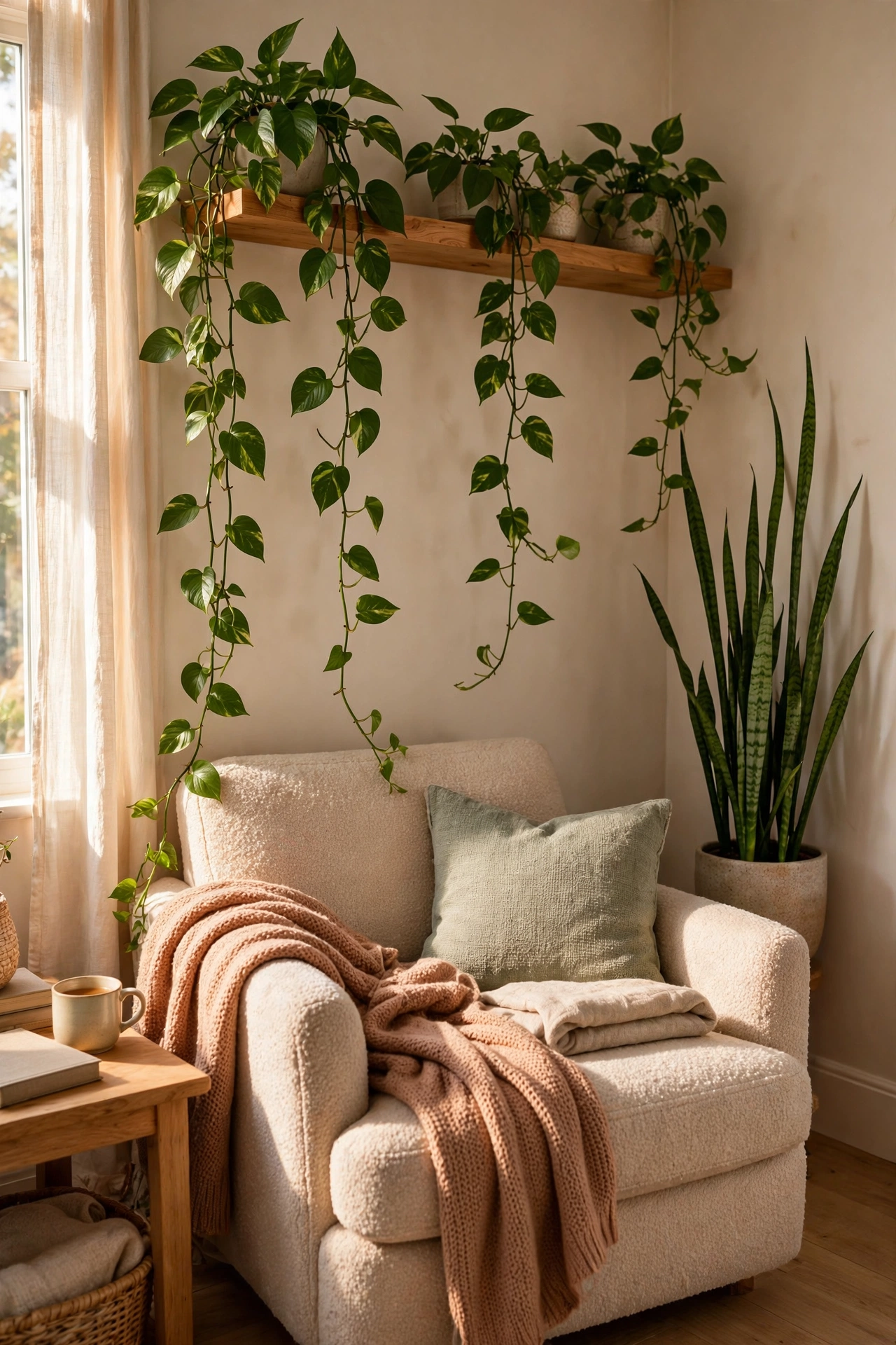 Reading chair corner with a trailing pothos plant and tall snake plant adding greenery