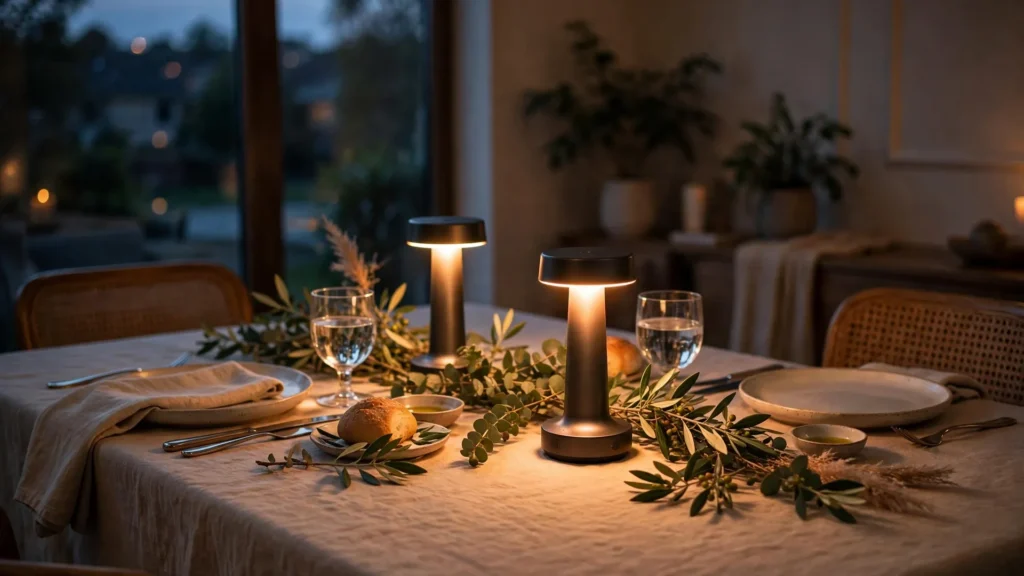 Elegant dining table with glowing cordless table lamps as centerpieces at dusk