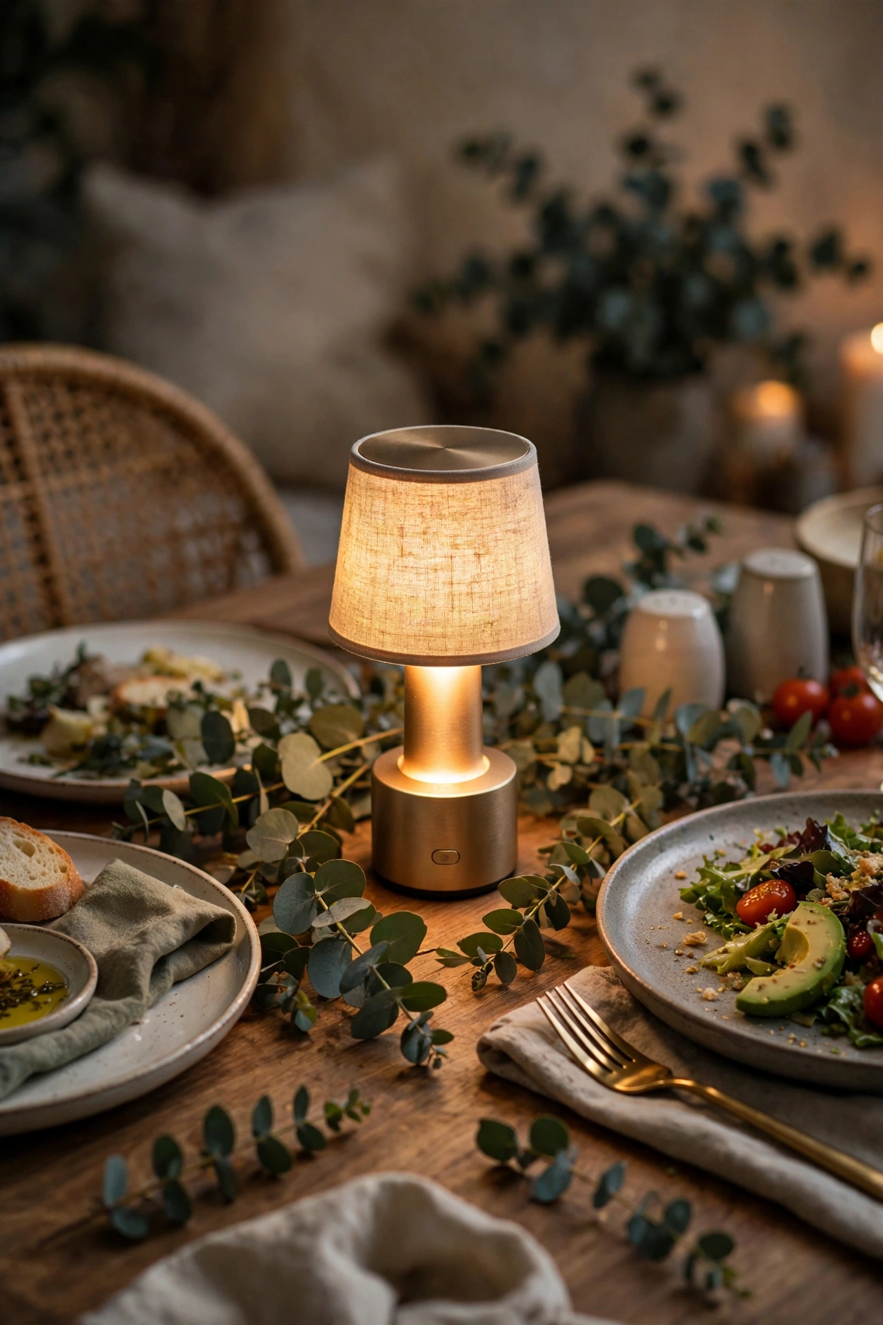 Small cordless table lamp glowing as a dining table centerpiece with plates and greenery