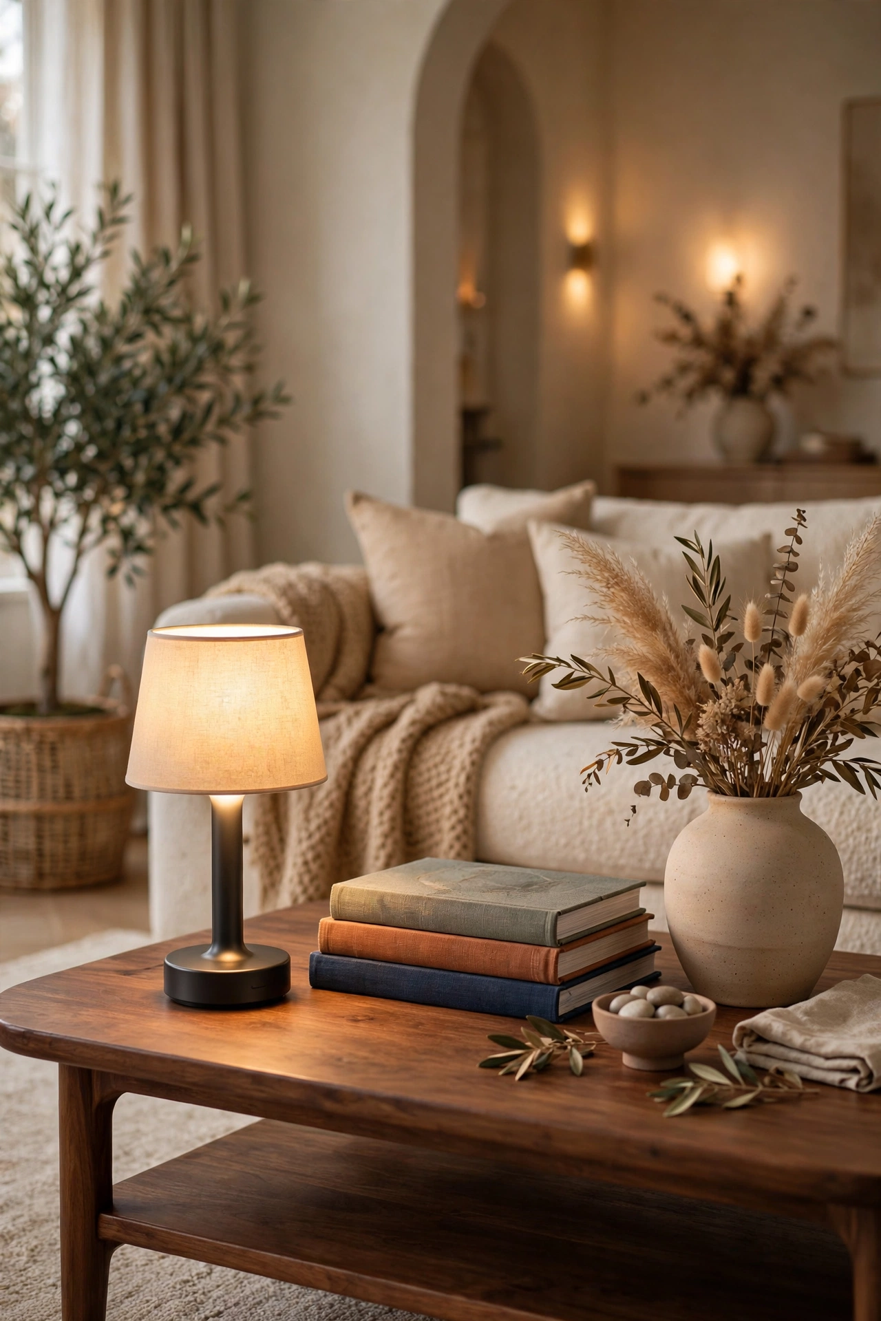 Coffee table styled with a cordless table lamp, books, and a ceramic vase