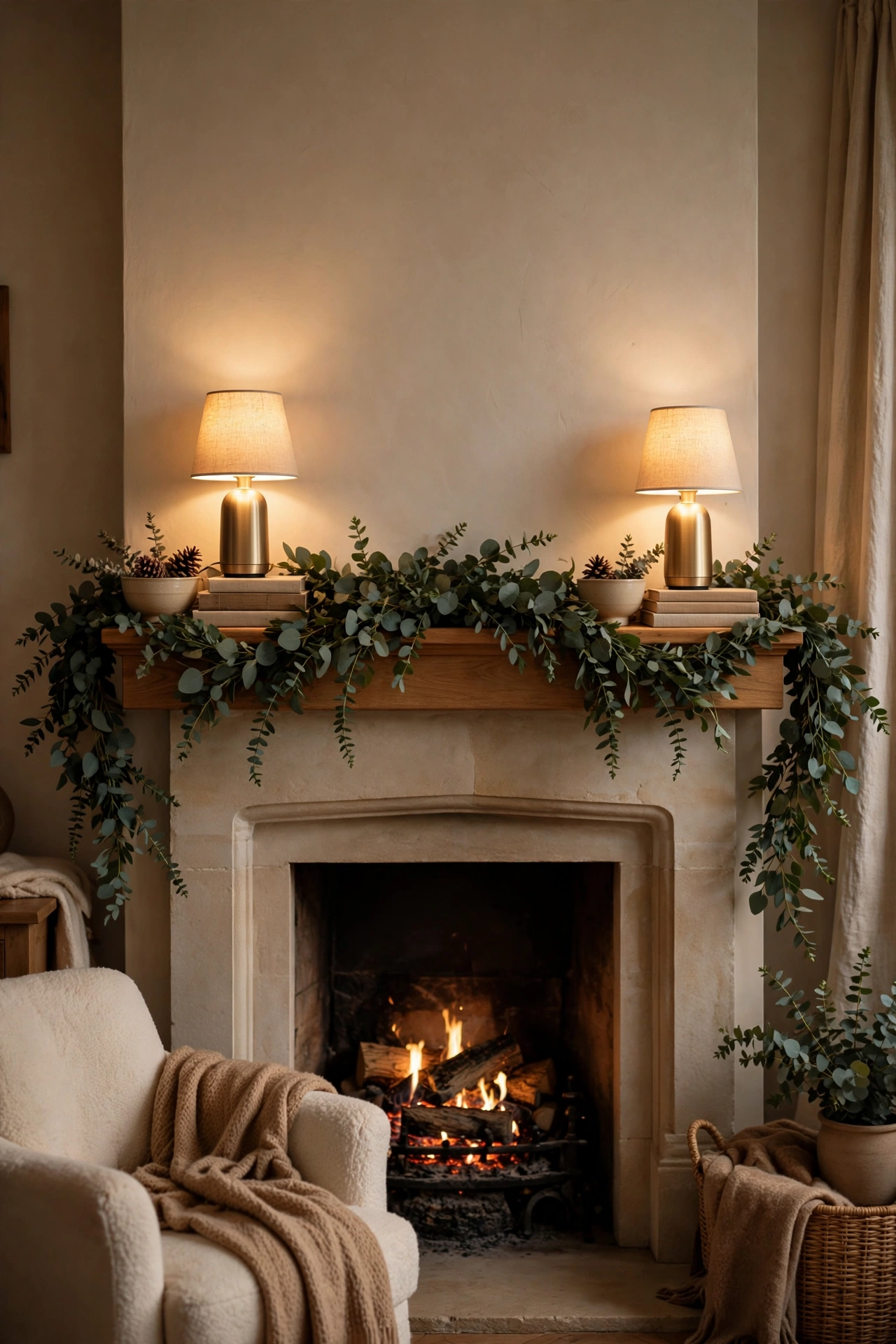 Fireplace mantel styled with two glowing cordless table lamps and garland