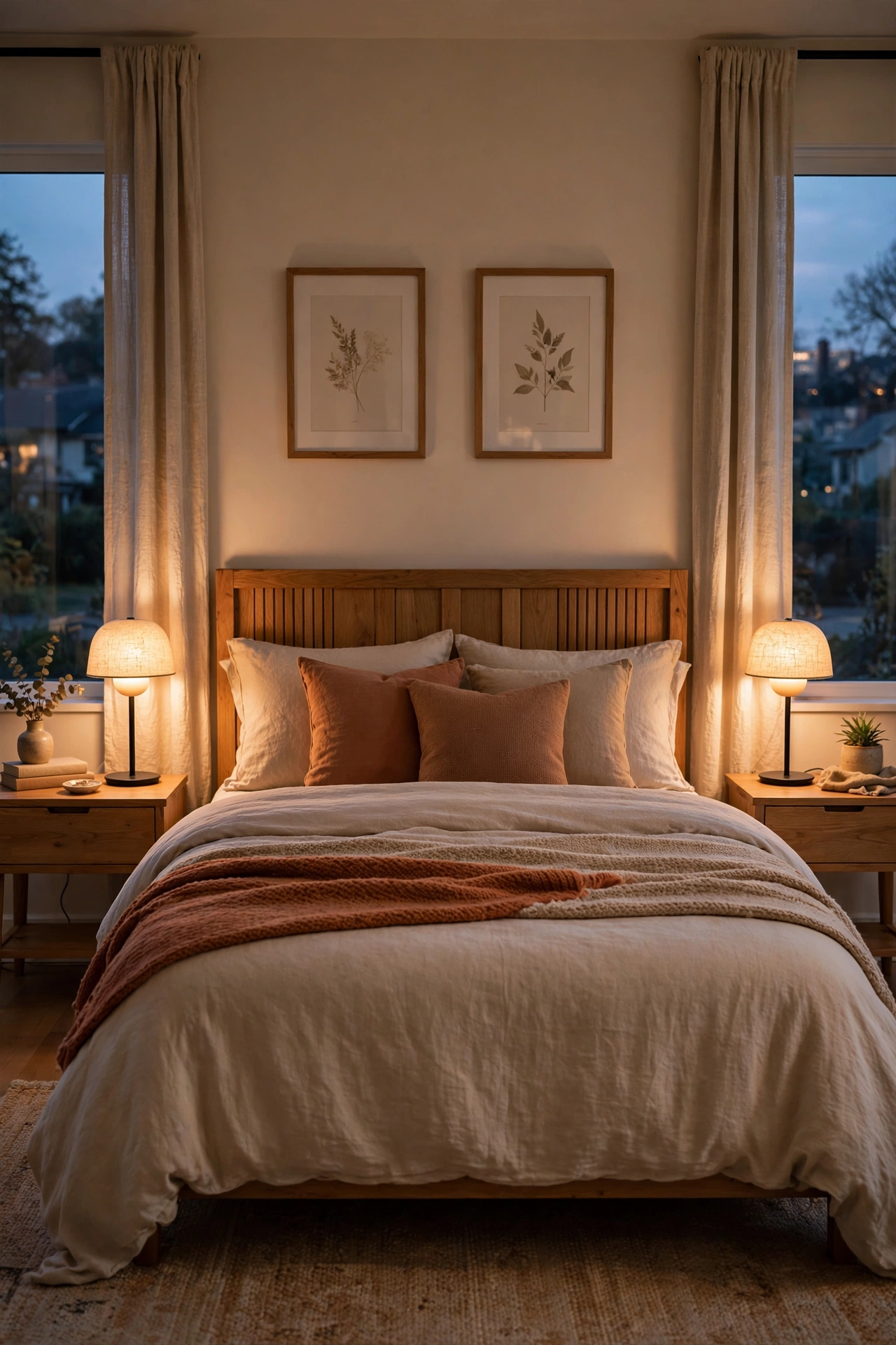 Matching pair of cordless table lamps on bedroom nightstands flanking a bed