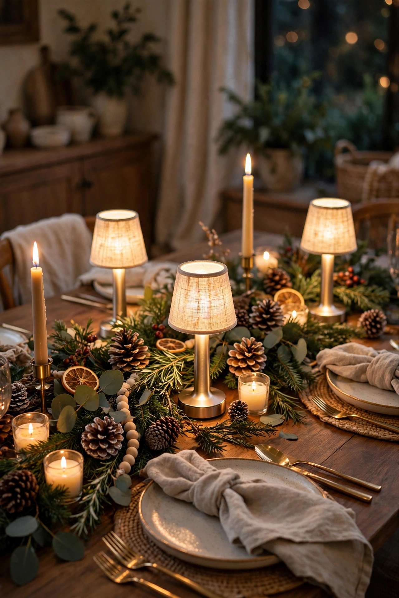 Holiday tablescape with cordless table lamps, pinecones, and candles