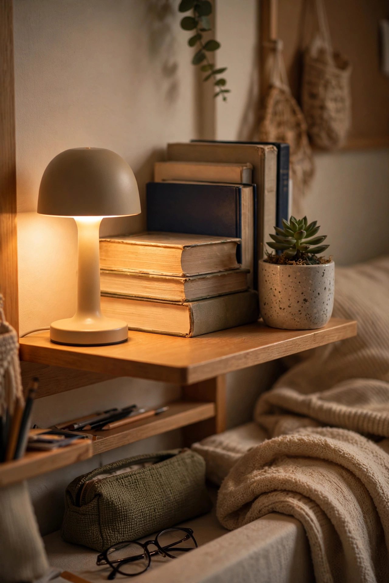 Small dorm room desk with a mini cordless table lamp glowing warmly