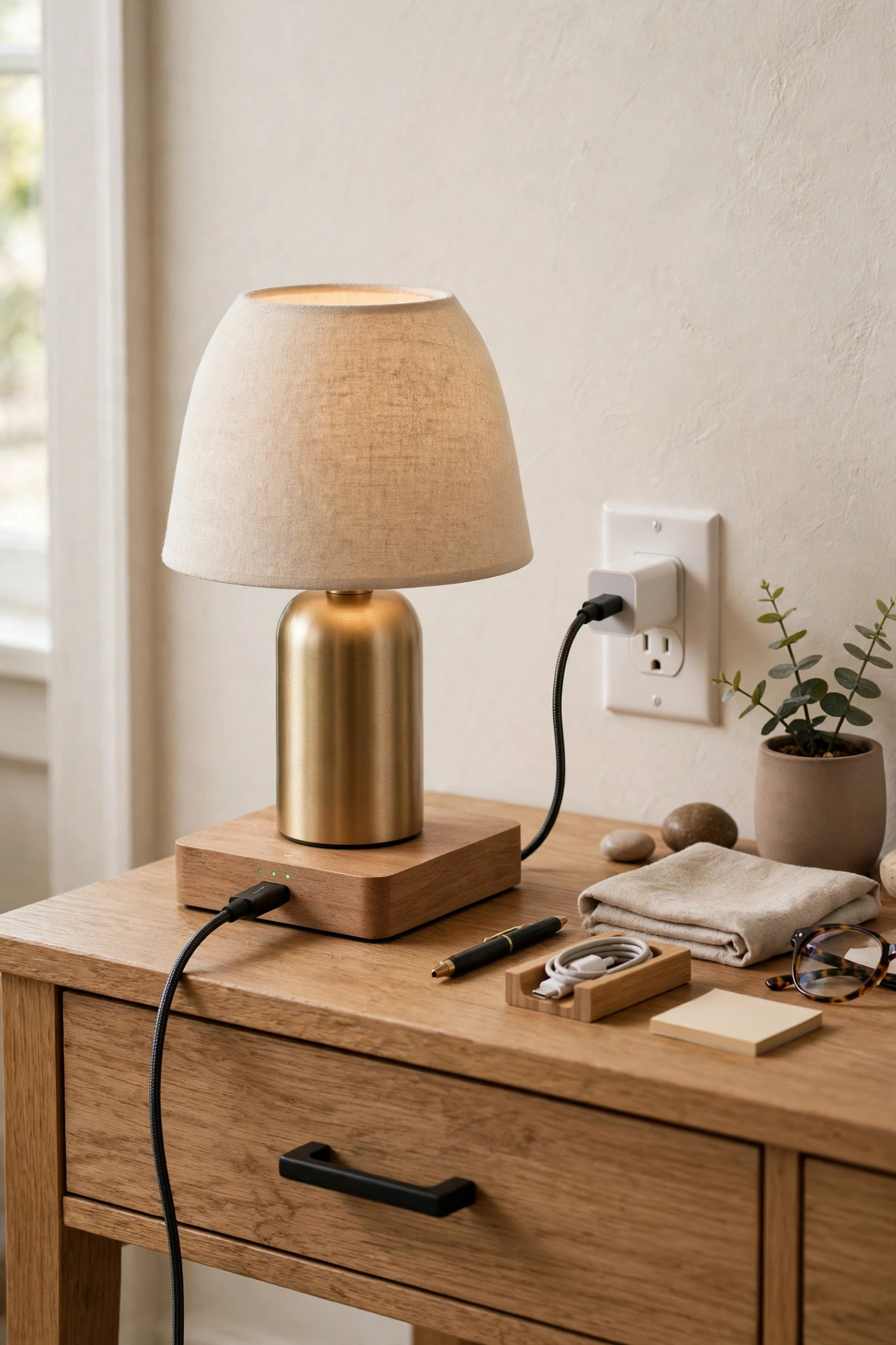 Cordless table lamp charging via USB-C cable next to a wall outlet