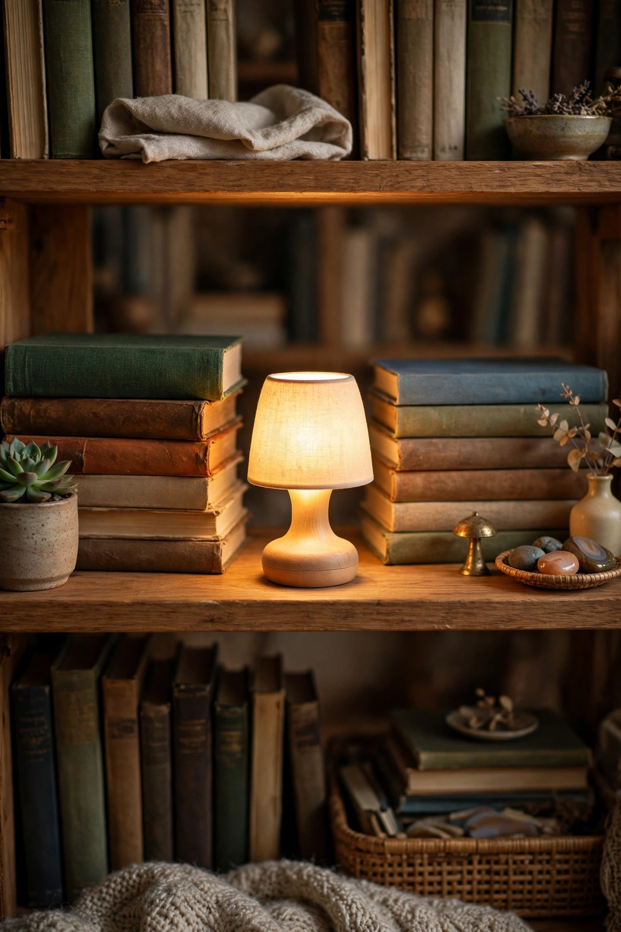Cordless table lamp styled on a bookshelf between books and decorative objects