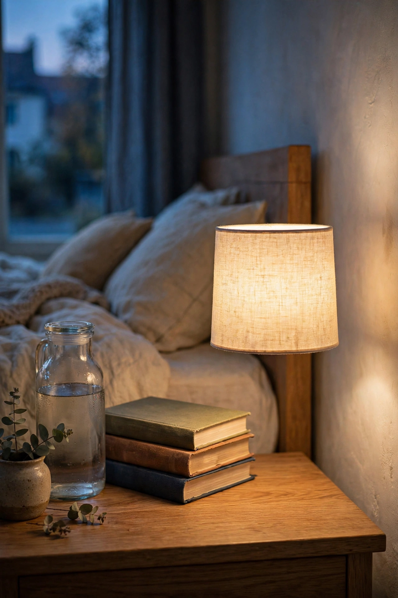 Cordless table lamp glowing on a bedroom nightstand with books and a carafe