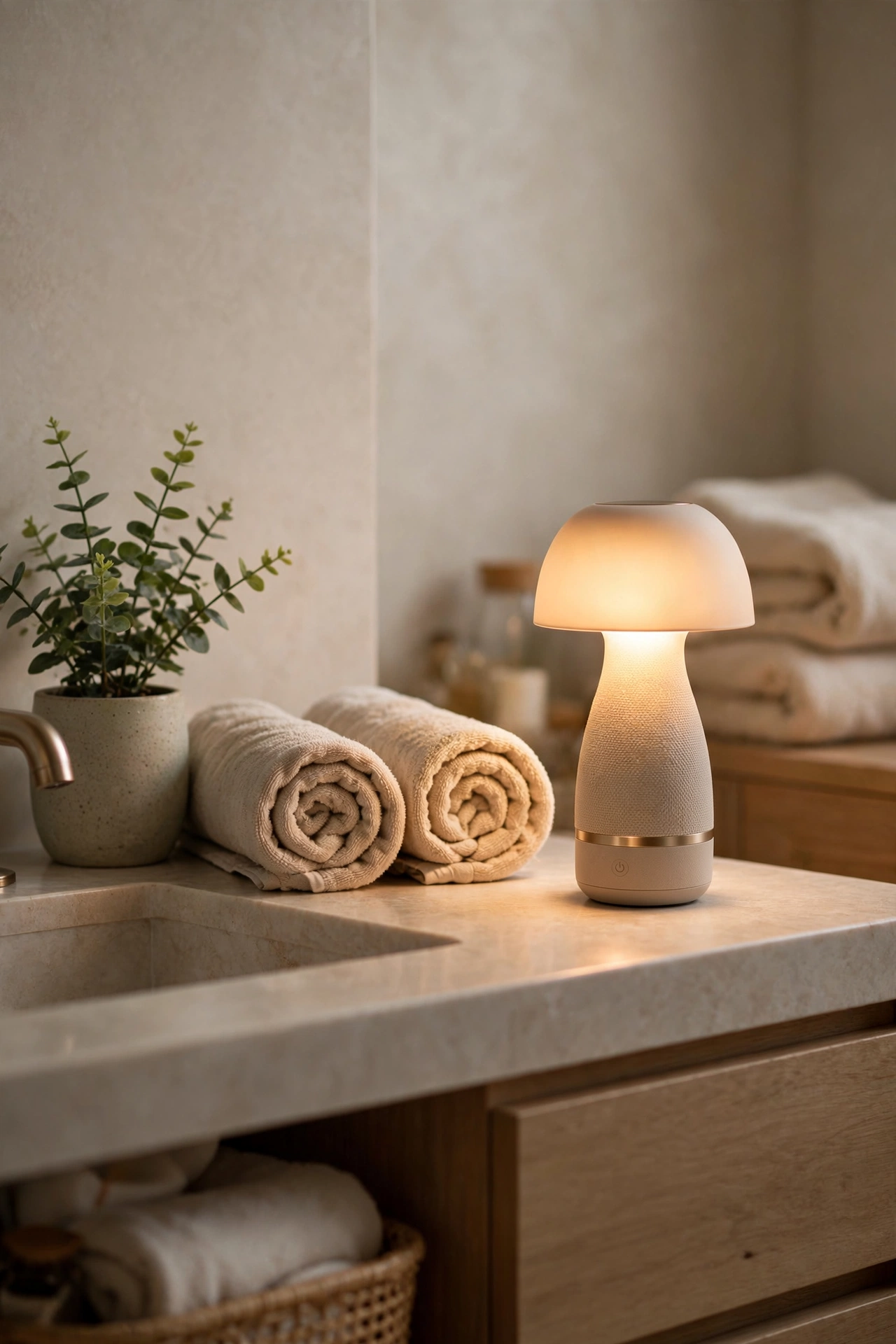 Cordless table lamp casting warm glow on a bathroom vanity with rolled towels
