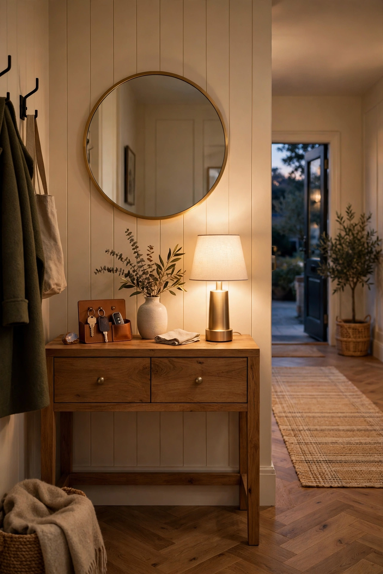 Entryway console table with a glowing cordless table lamp, mirror, and key tray