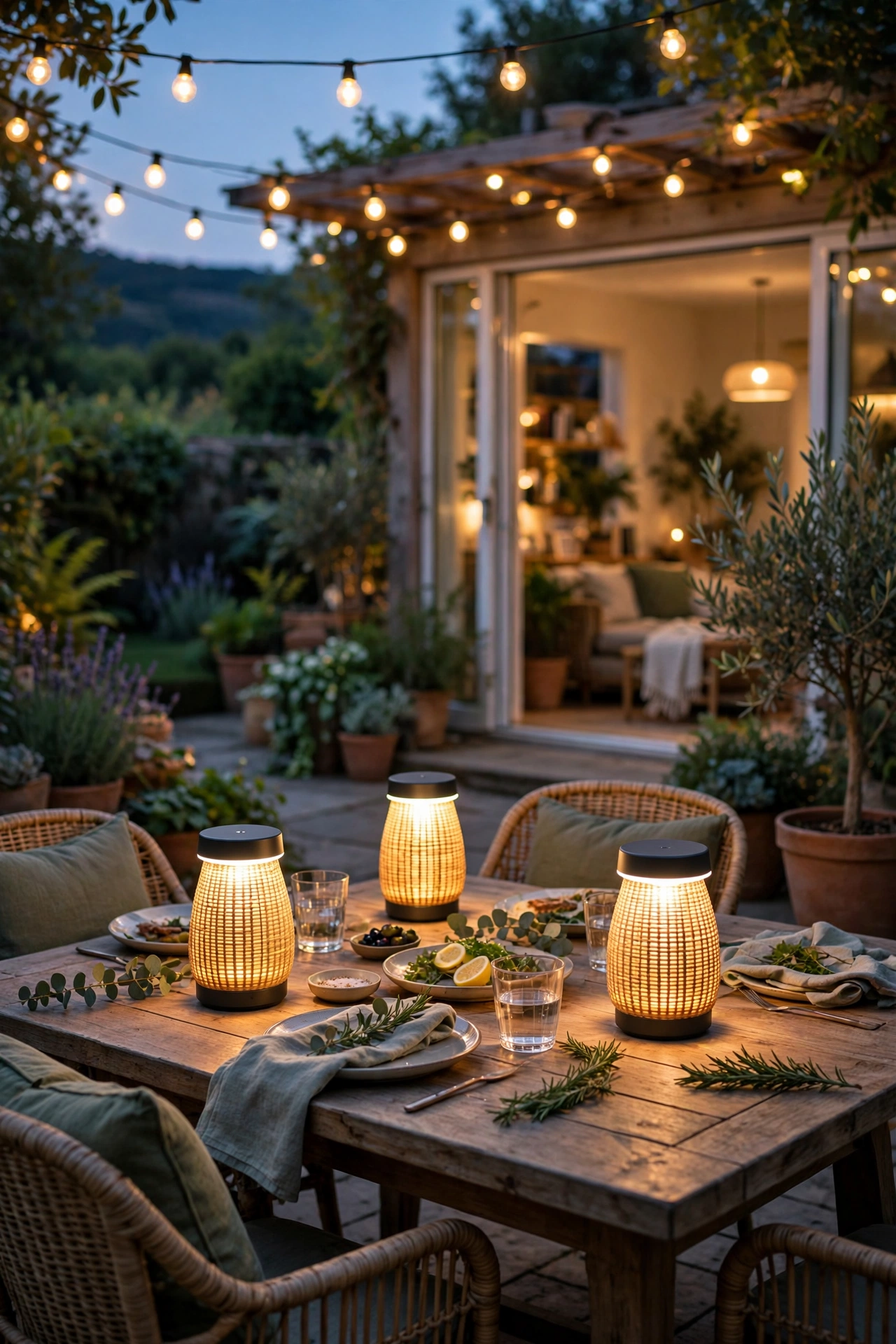 Weatherproof cordless table lamps glowing on an outdoor patio table at dusk