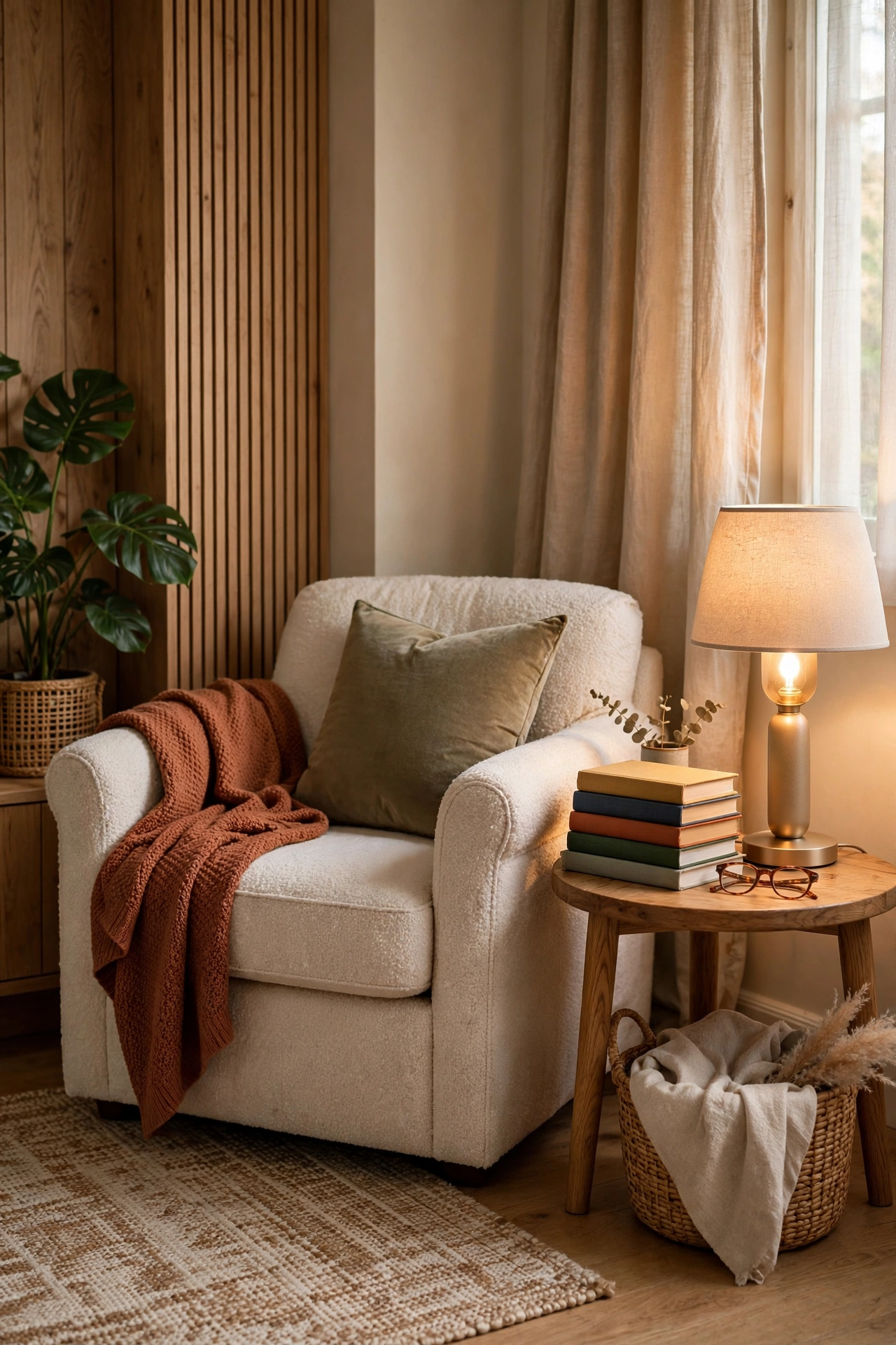Cozy reading nook with armchair and glowing cordless table lamp on a side table