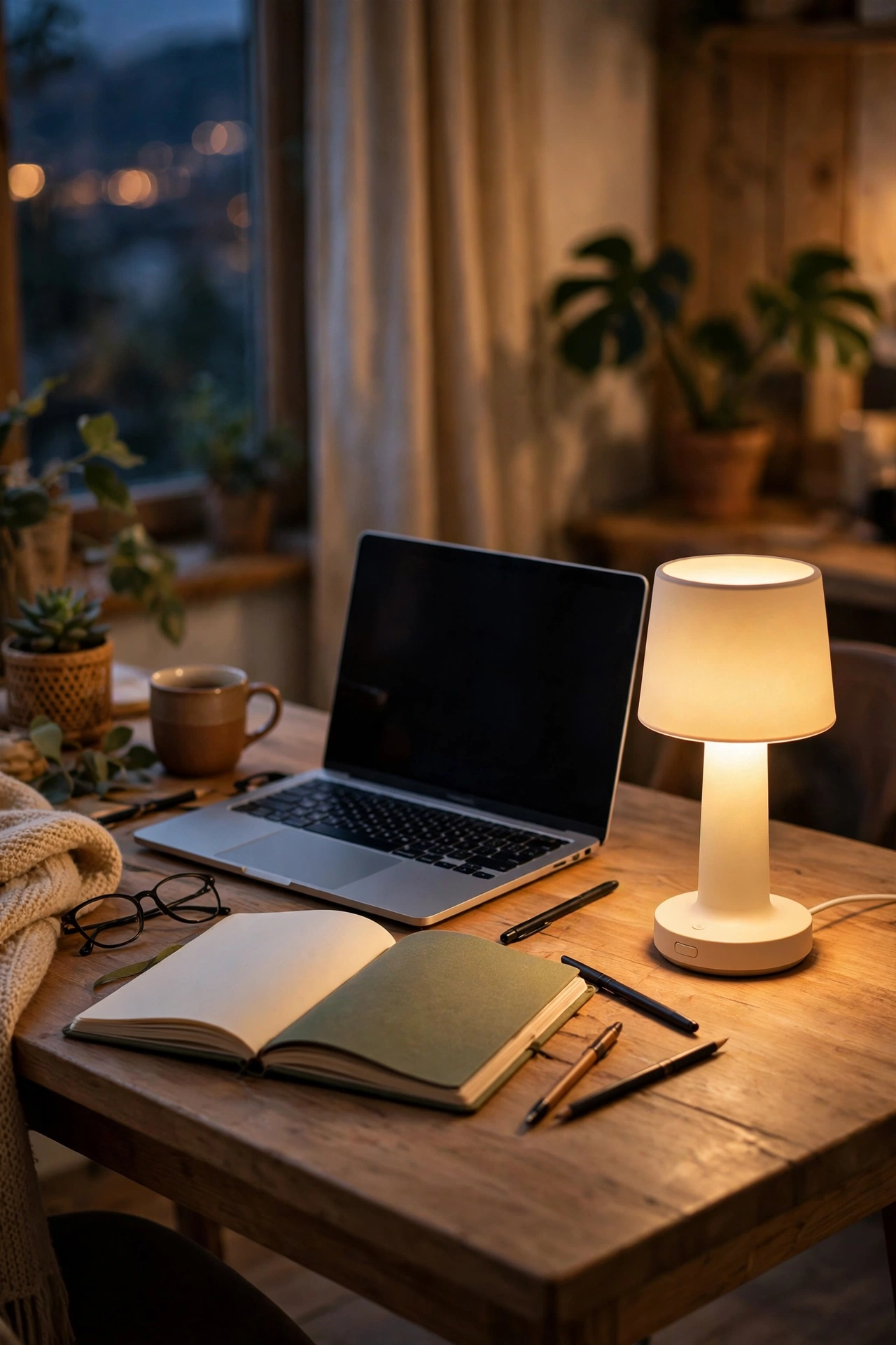 Home office desk with a cordless table lamp beside a laptop and notebook