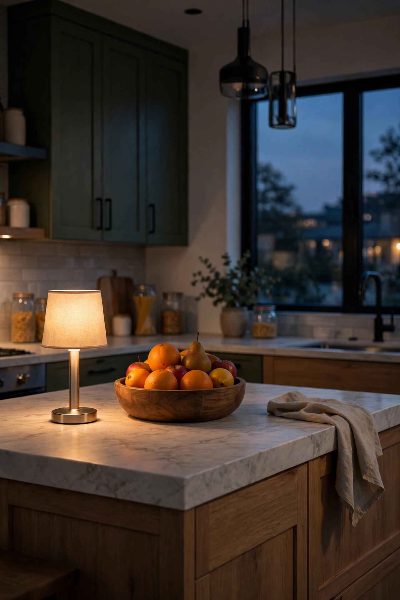 Kitchen island with a small cordless table lamp glowing beside a fruit bowl