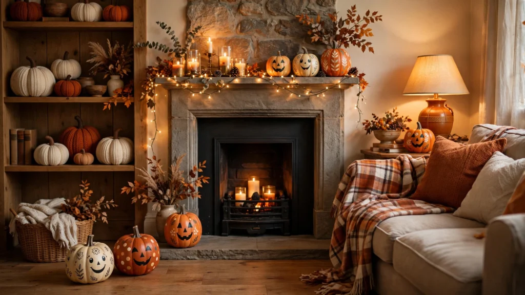 Cozy Halloween living room with glowing candles, knit pumpkins, plaid throw and warm amber lighting