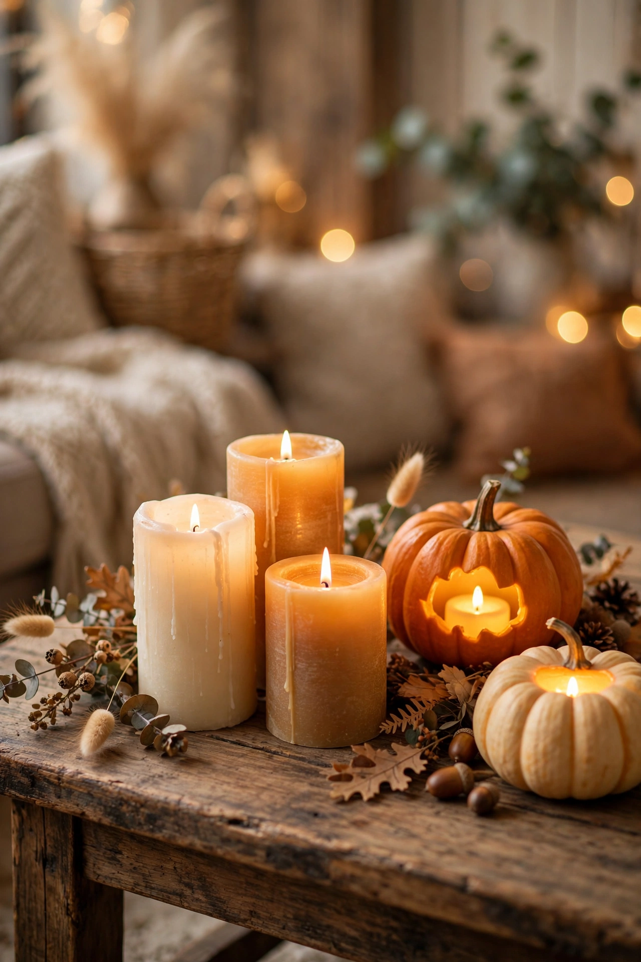 Cluster of glowing pillar candles and lit pumpkins with LED candles on a wooden coffee table