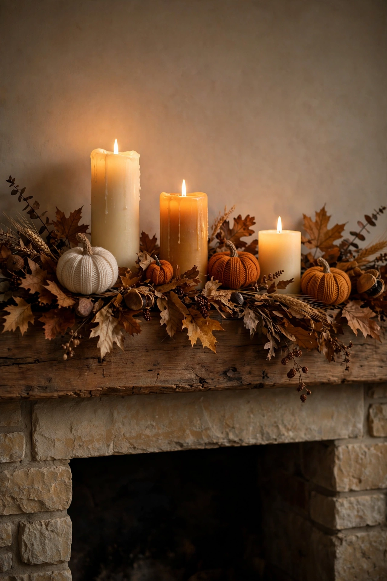 Fireplace mantel with fall garland and glowing candles of varying heights