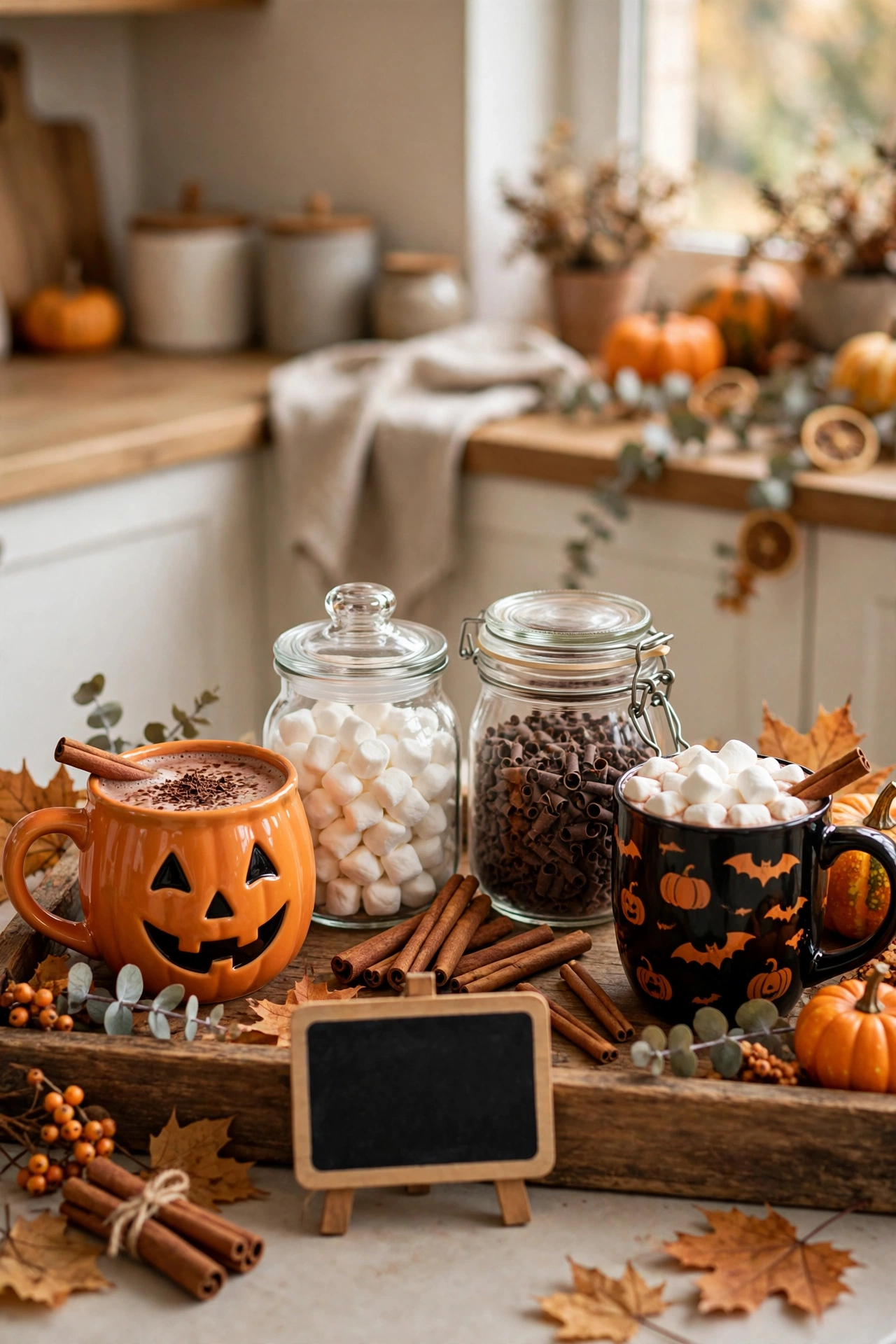 Hot cocoa bar with Halloween mugs, marshmallow jars and toppings on a wooden tray