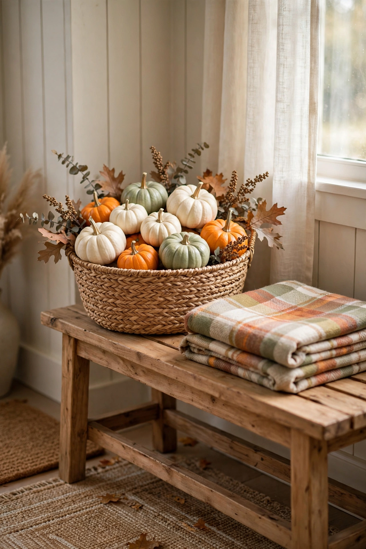 Woven seagrass basket filled with mini white and orange pumpkins