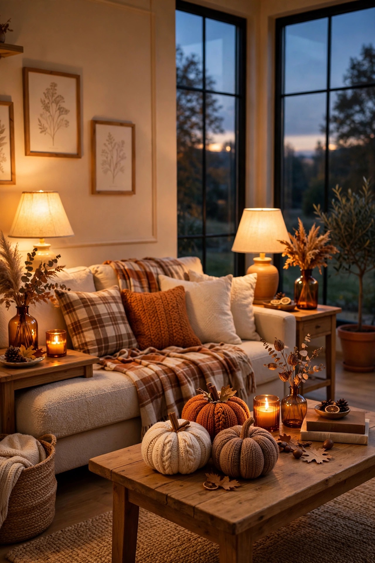 Warmly lit living room with glowing table lamps and amber light at dusk