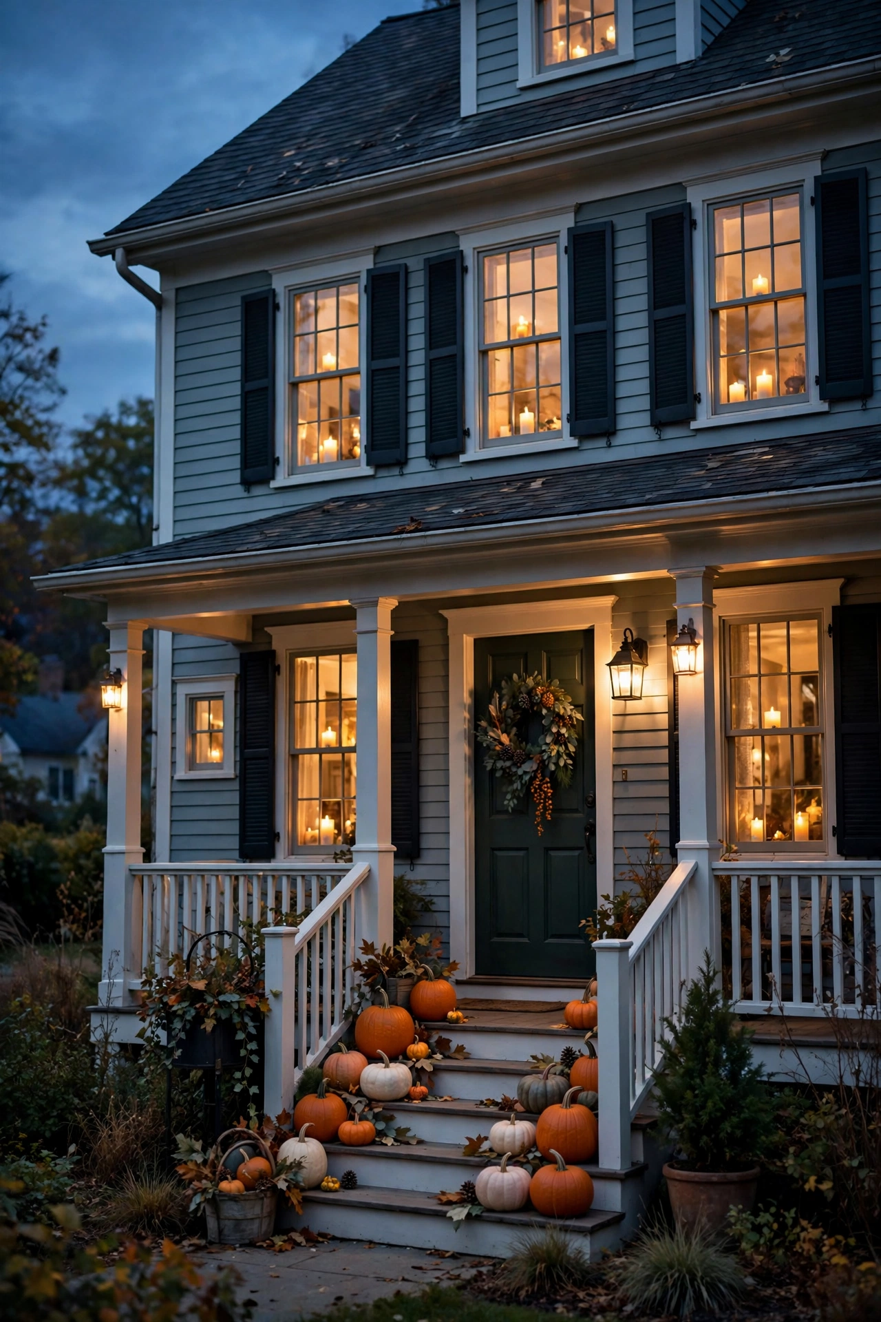House exterior at dusk with warm candles glowing in every window
