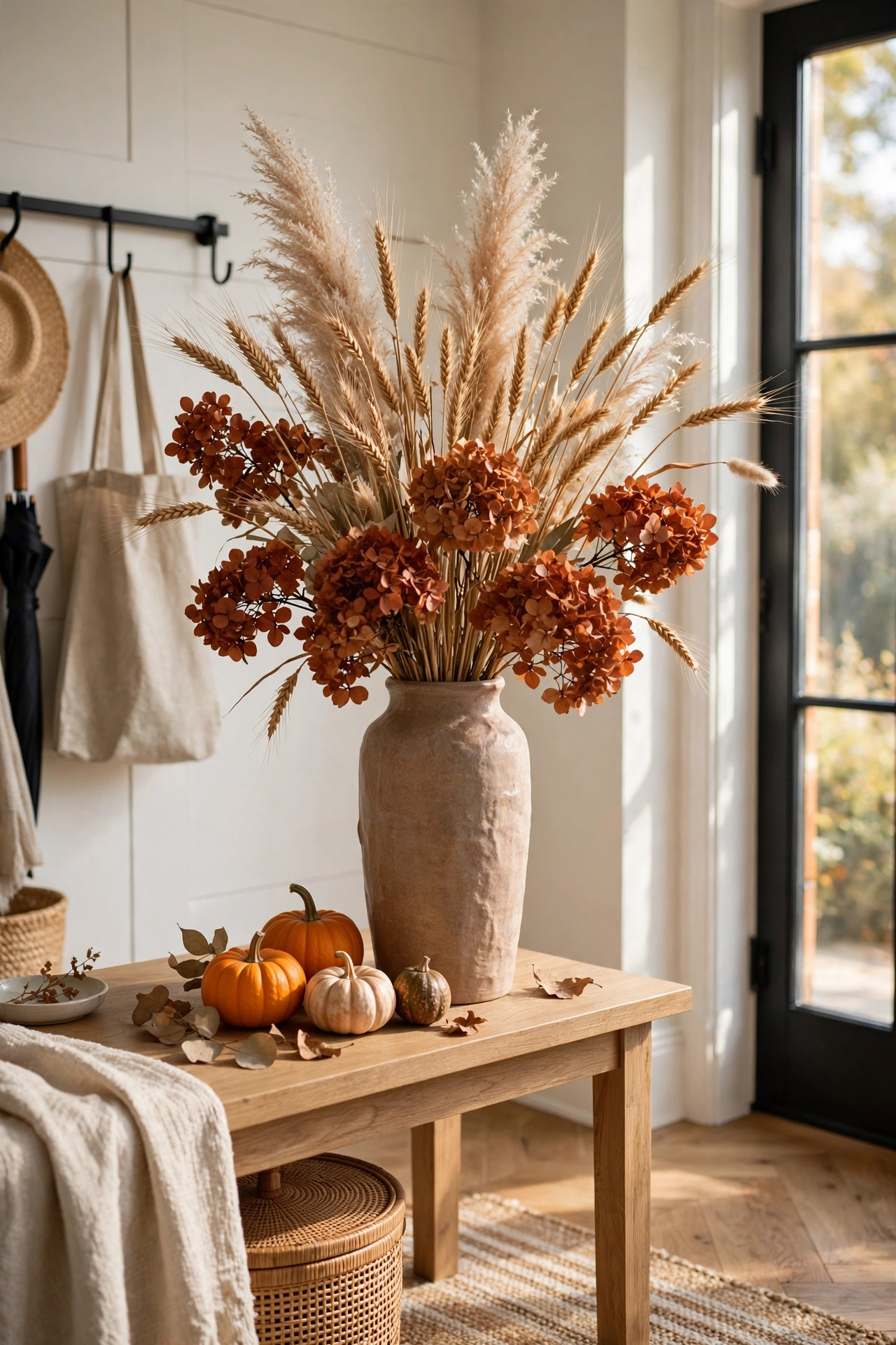 Tall vase with dried wheat, pampas grass and rust-colored dried florals in entryway