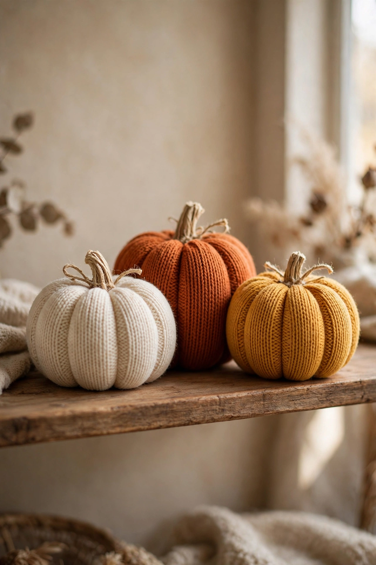 Knit fabric pumpkins in cream, rust and mustard grouped on a wooden shelf