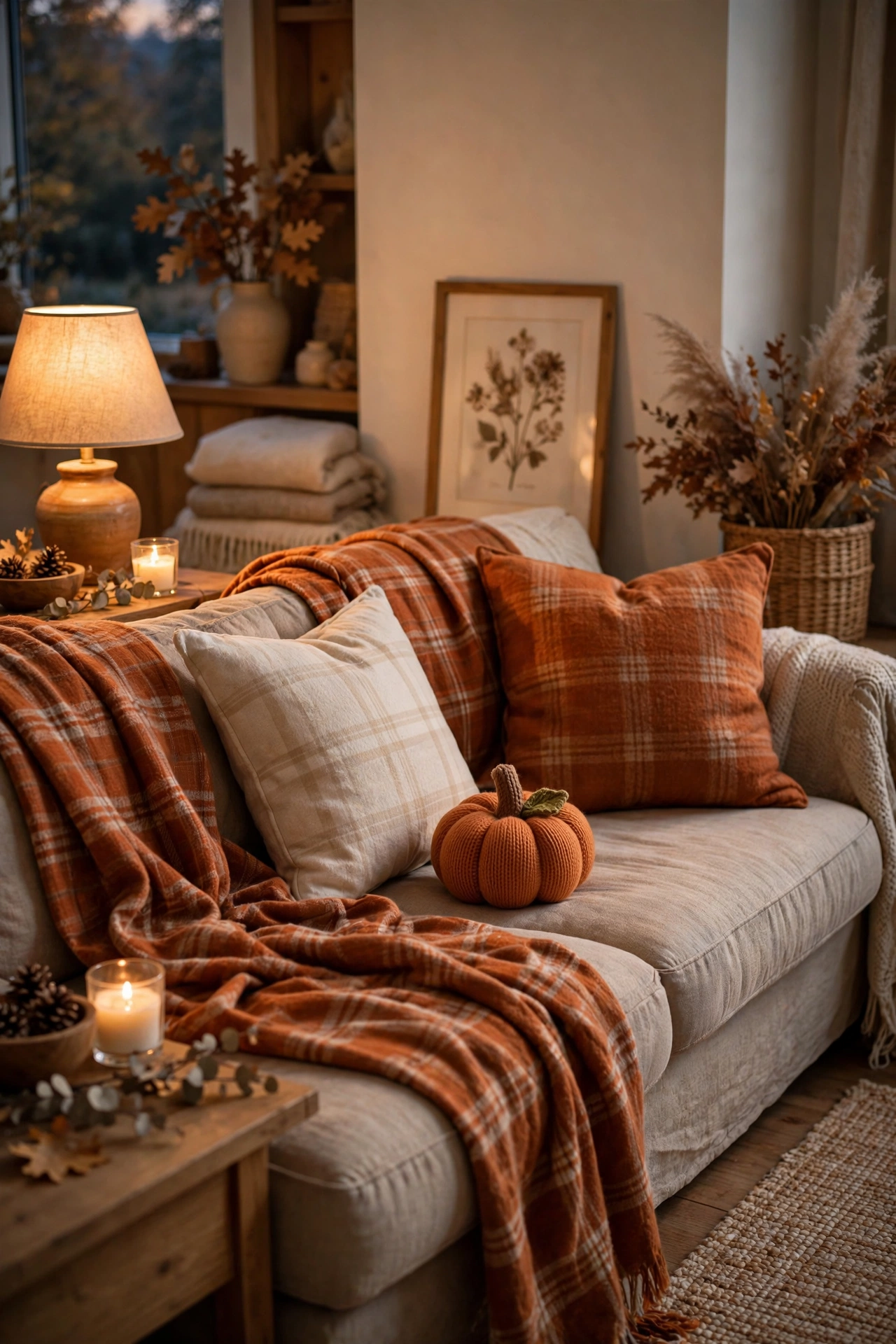 Cozy sofa with plaid throw blanket and flannel pillows in burnt orange and cream