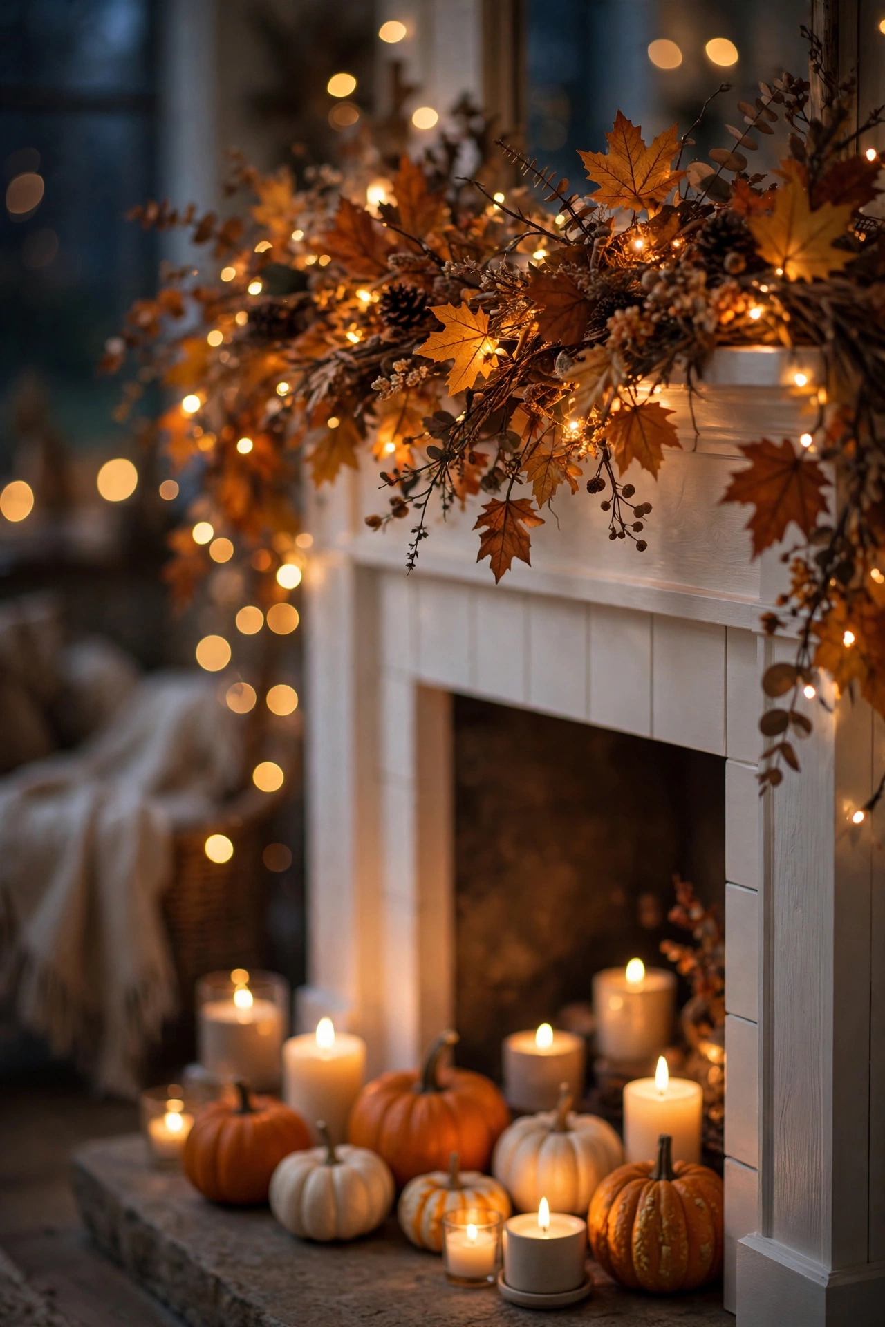 Warm amber fairy lights woven through fall garland on a fireplace mantel