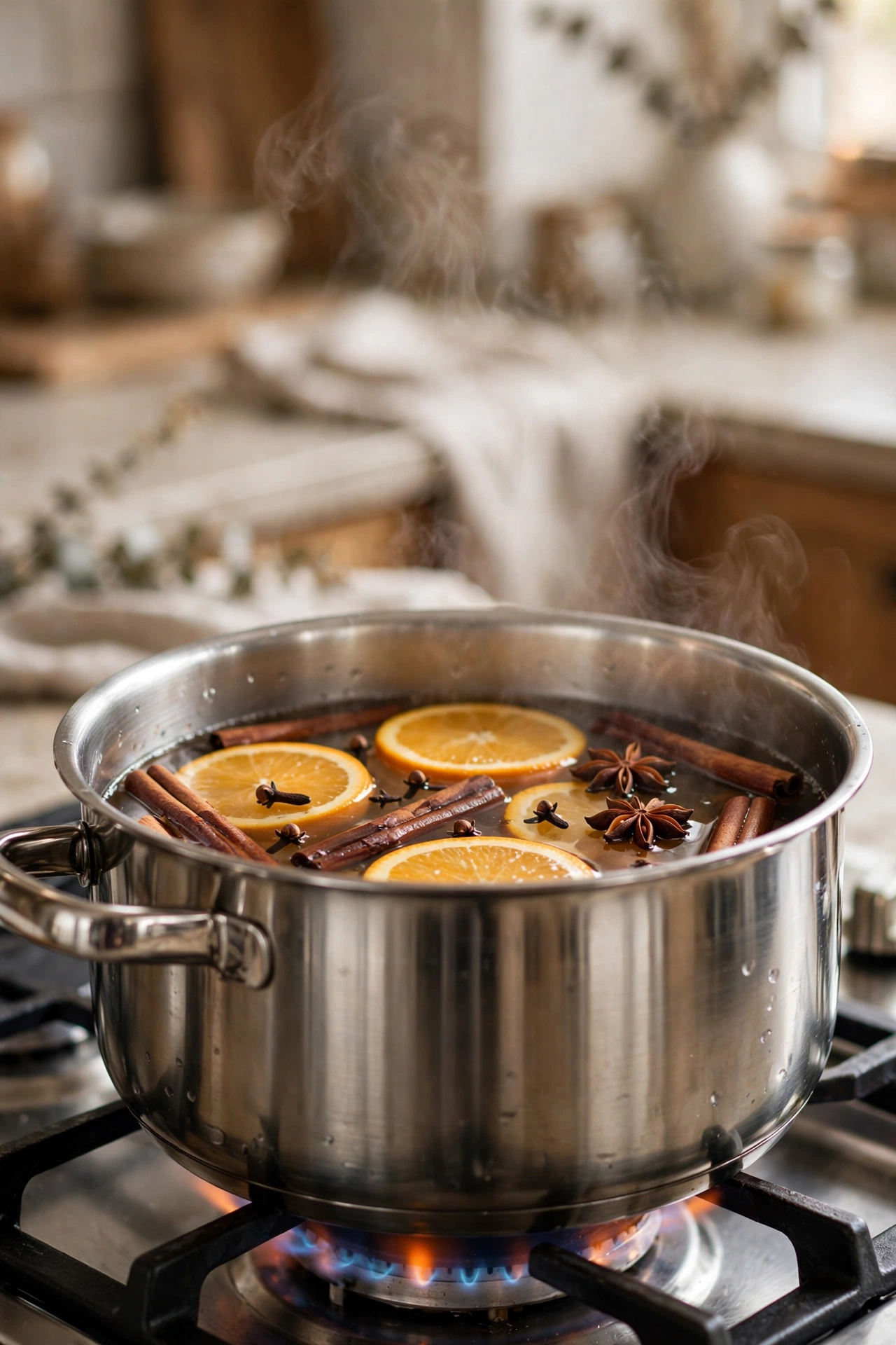 Simmering pot on stove with orange slices, cinnamon sticks and cloves steaming