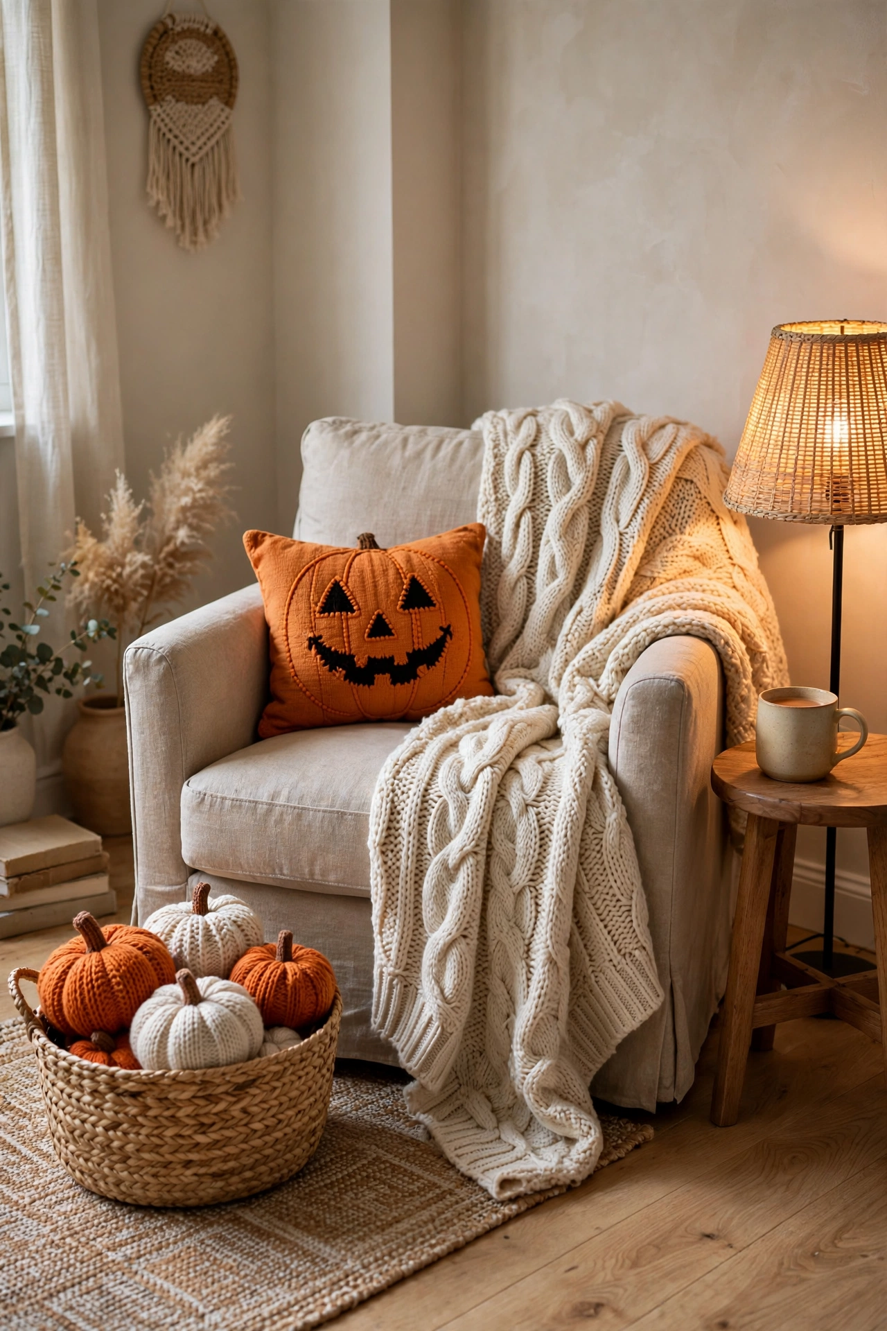Cozy reading corner with armchair, knit blanket, Halloween pillow and warm floor lamp